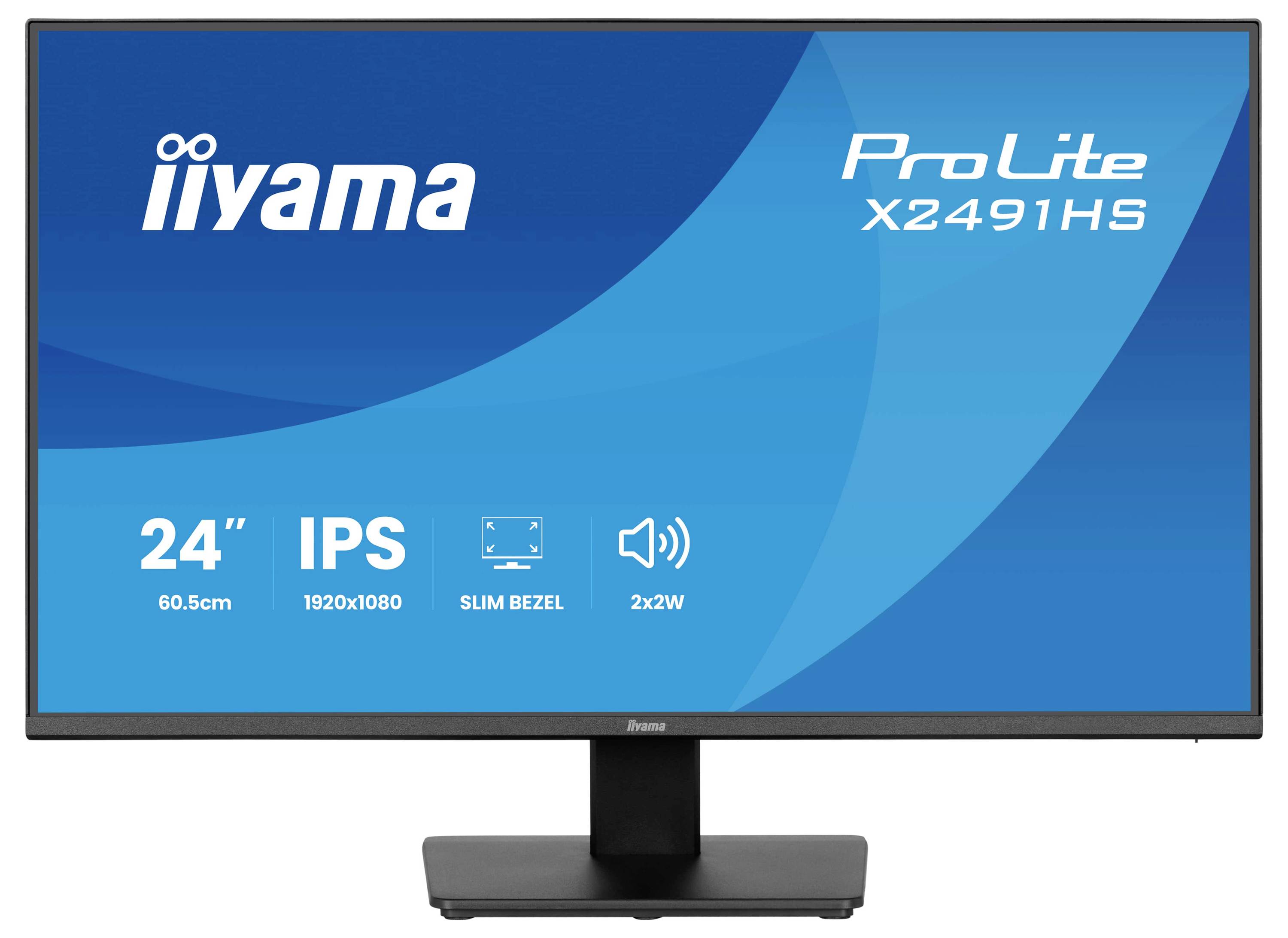 Širokoplocný počítačový monitor s tenkým rámem zobrazuje specifikace: „24" IPS", „1920x1080" a „Slim Bezel". Značka je „iiyama ProLite X2491HS".