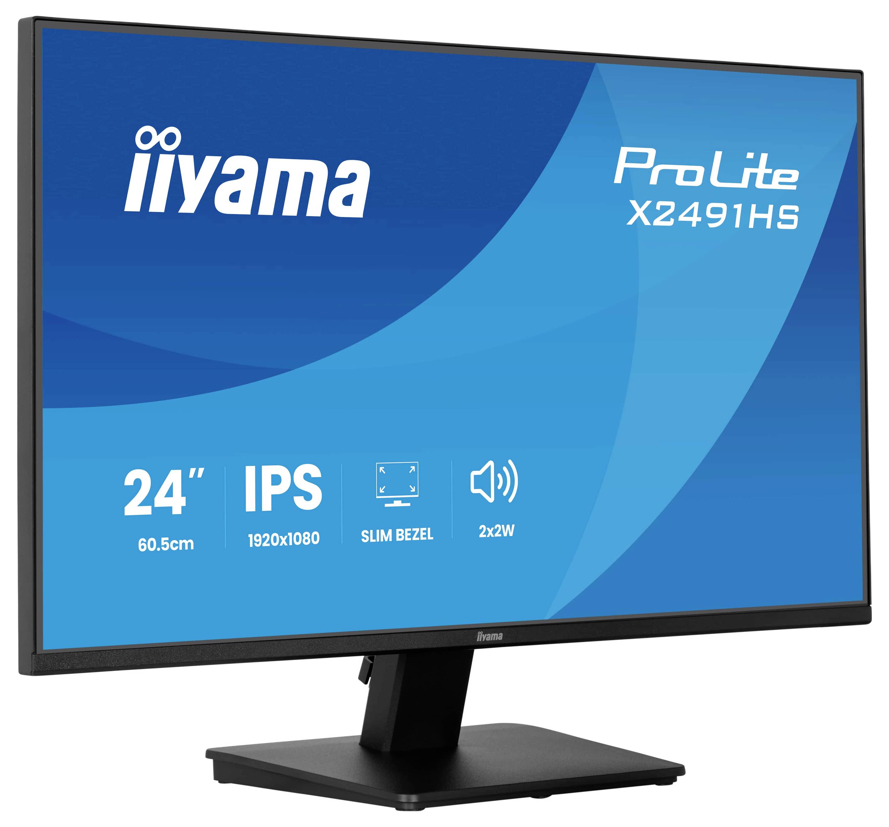 Monitor s značkou 'iiyama' a modelem 'ProLite X2491HS' s vlastnostmi: 24" obrazovka, IPS, rozlišení 1920x1080, tenký rámeček, reproduktory 2x2W.