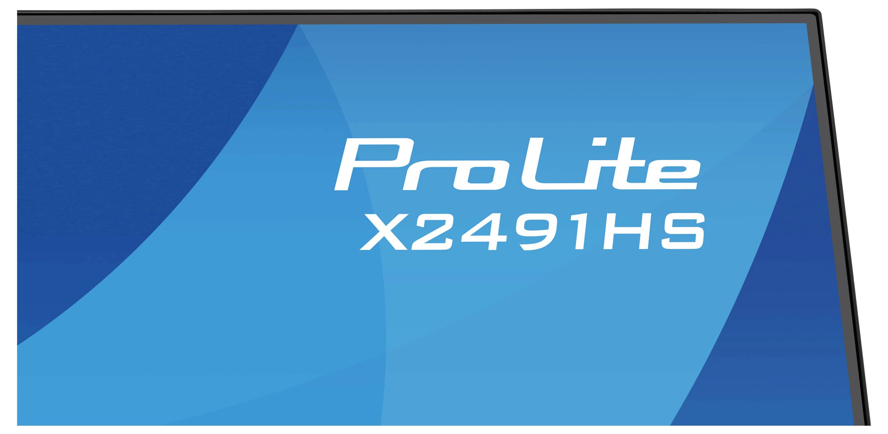 Obal monitorů 'Iiyama ProLite X2491HS' s detailem balení, na kterém je vidět název modelu produktu a logo na modrém abstraktním pozadí.