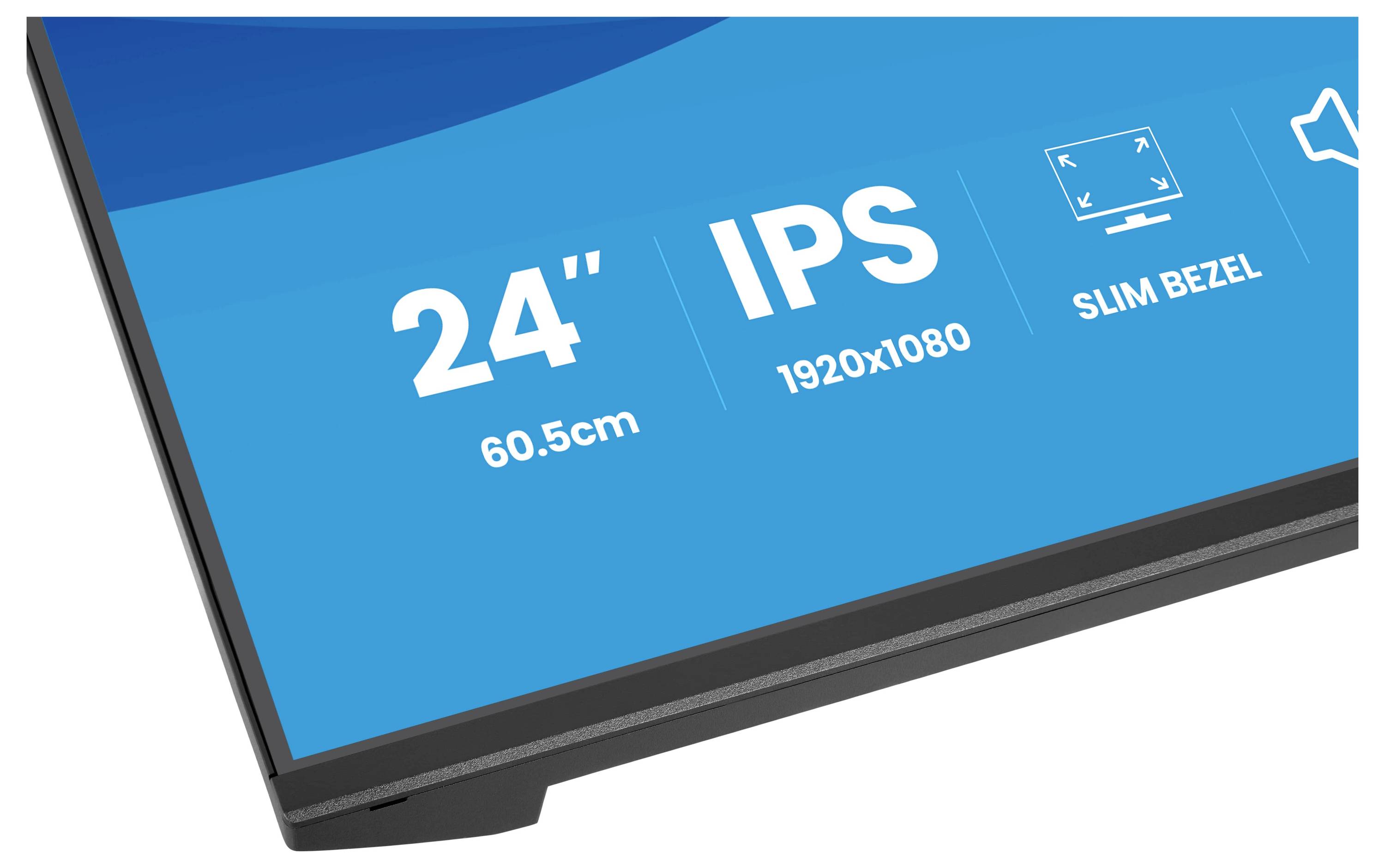 Obrazovka monitoru zobrazující specifikace: 24 palců, technologie IPS, rozlišení 1920x1080, design s tenkým rámečkem.