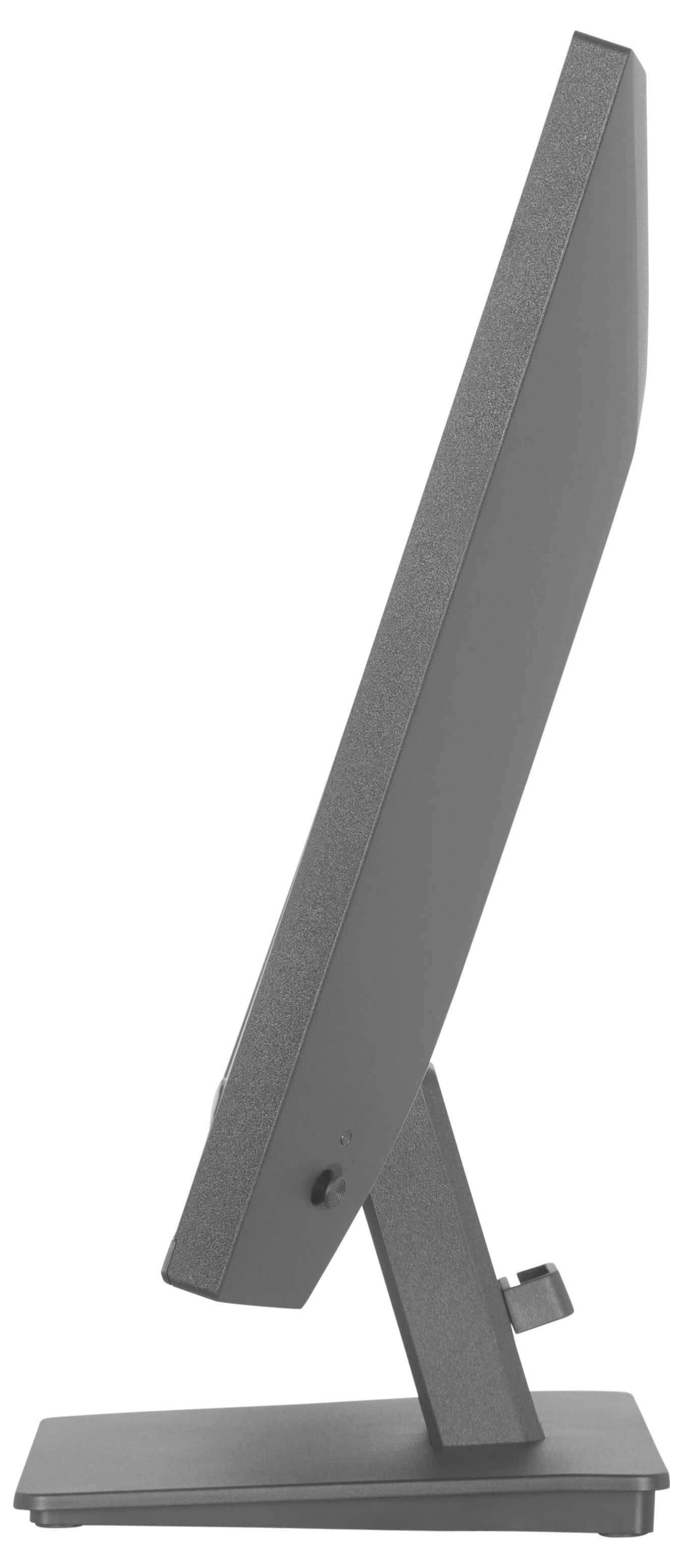 Štíhlý, šedý počítačový monitor zobrazený ze strany s moderním, minimalistickým designem a obdélníkovou základnou.