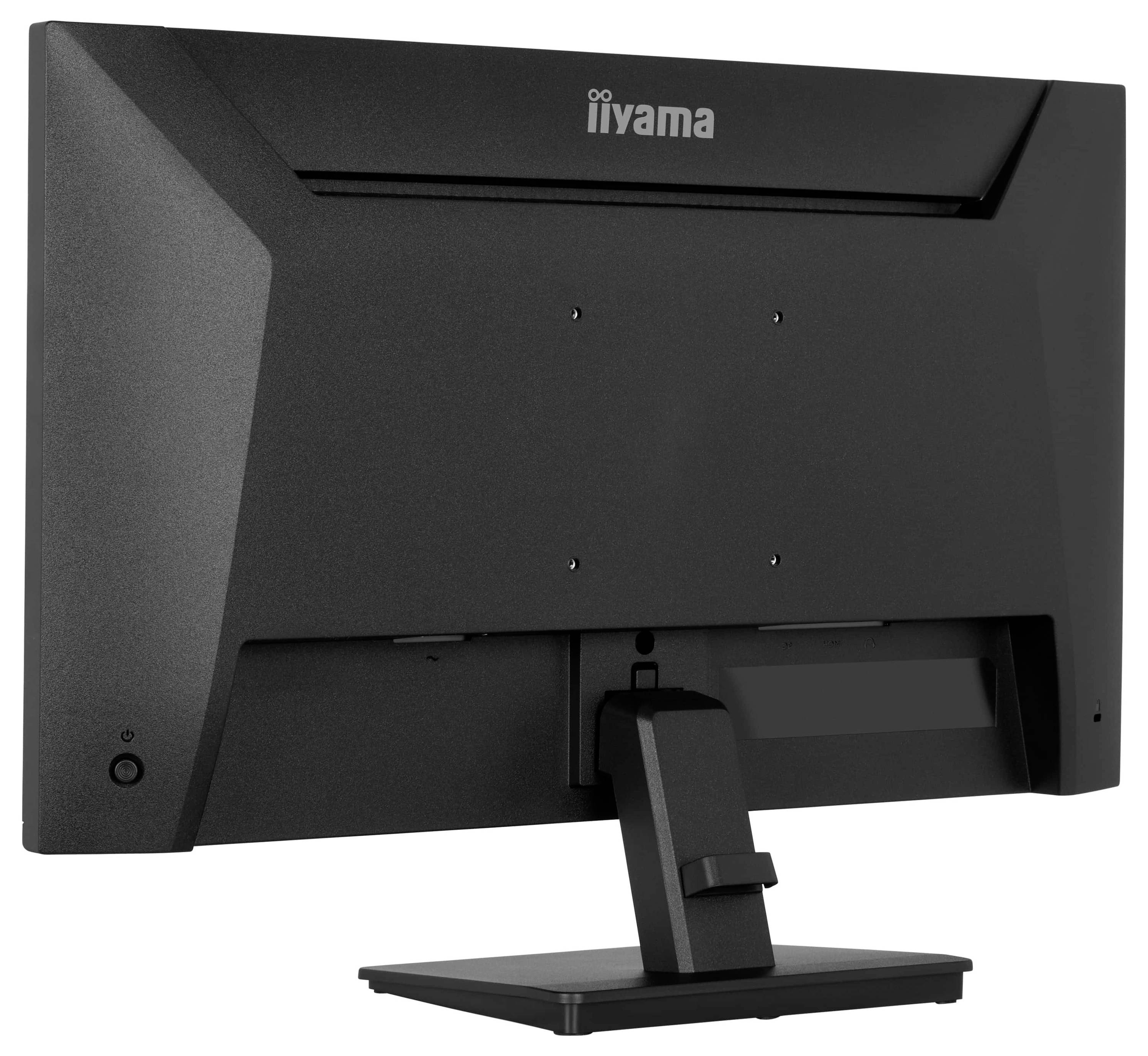 Černý počítačový monitor iiyama zobrazený zezadu, ukazující jeho stojan a montážní otvory s čistým, moderním designem.