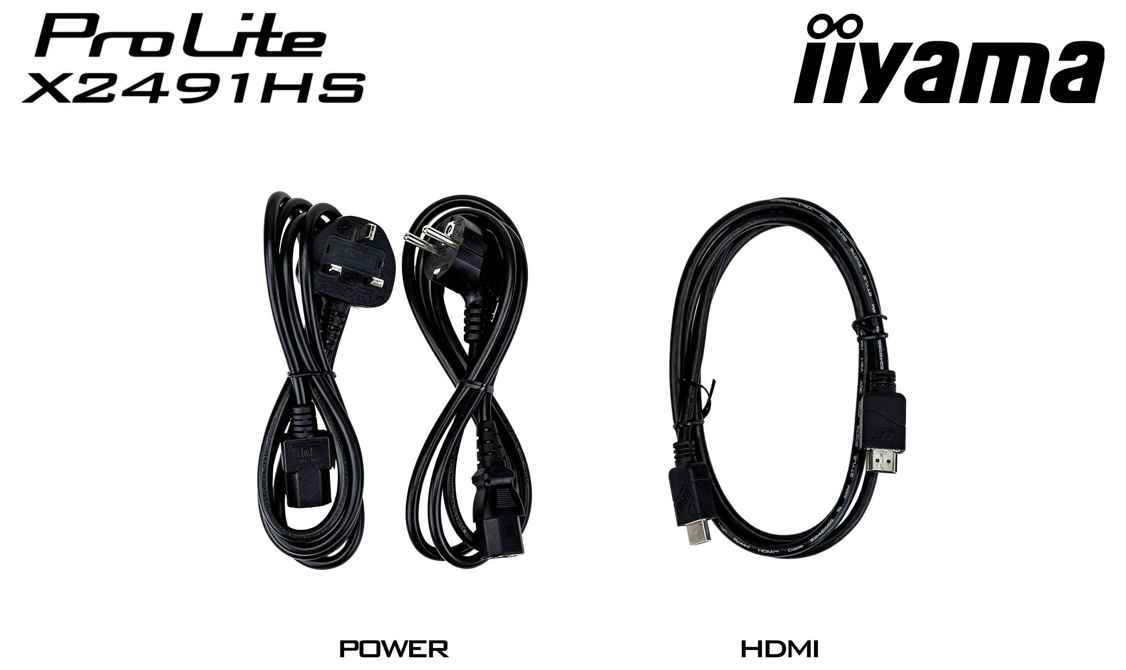 'ProLite X2491HS' a loga 'iiyama' s obrázky kabelů označenými 'POWER' zobrazujícími dva napájecí kabely s různými konektory a 'HDMI' zobrazujícím kabel HDMI.