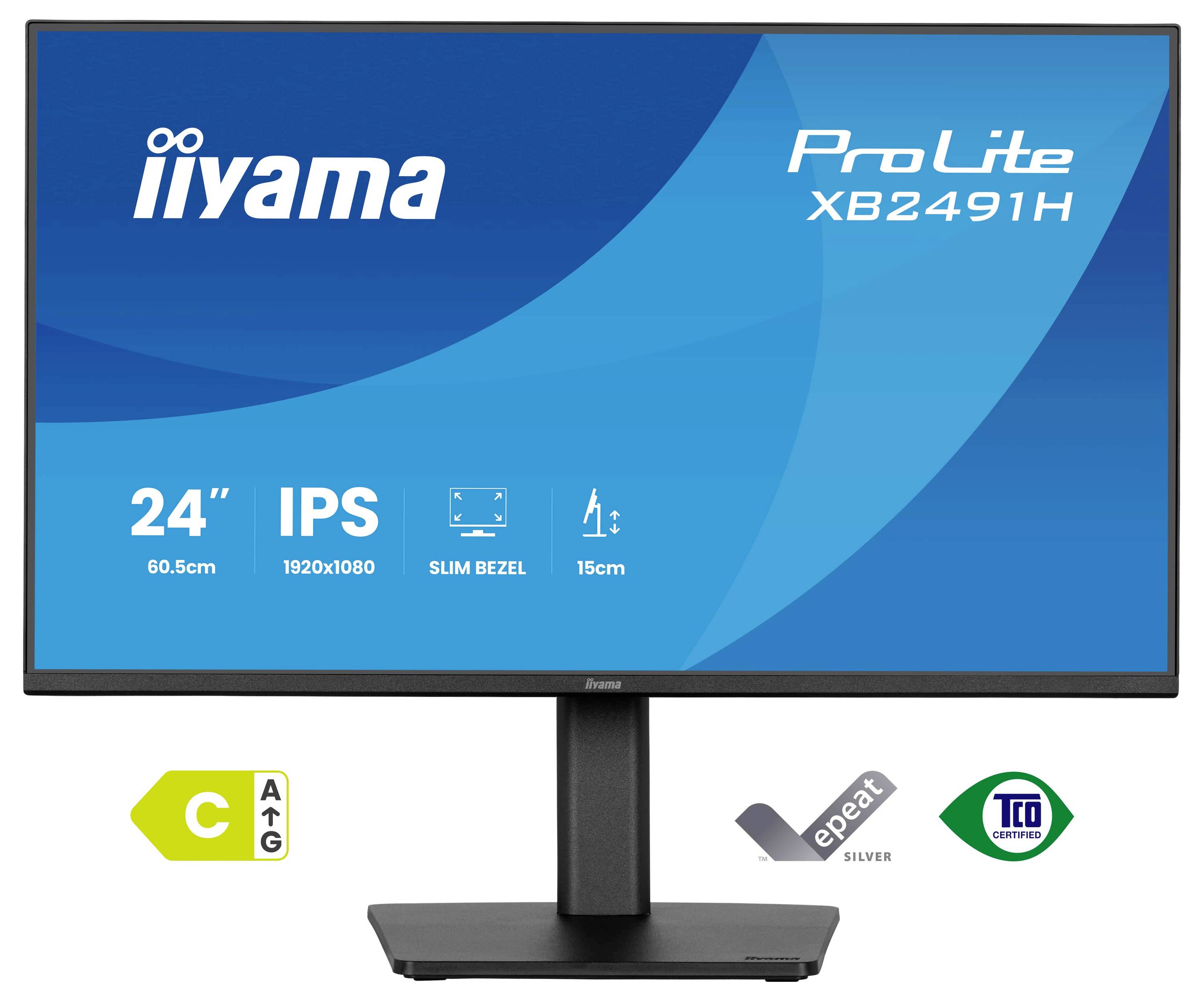 Monitor počítače zobrazující 'iiyama ProLite XB2491H' s funkcemi: 24palcová velikost, IPS, rozlišení 1920x1080, tenký rámeček, výška 15 cm.