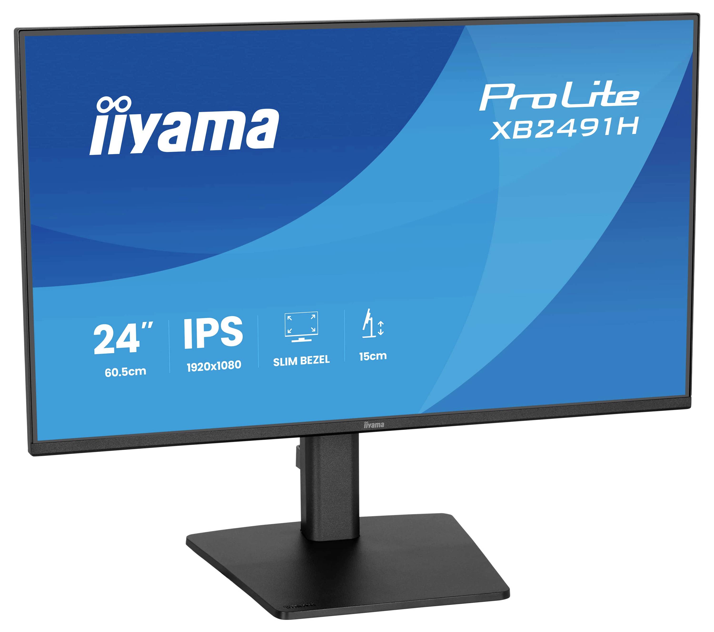 Obrazovka počítače zobrazující modrou obrazovku s textem: „iiyama ProLite XB2491H", která ukazuje funkce: „24palcová obrazovka, IPS, rozlišení 1920x1080".