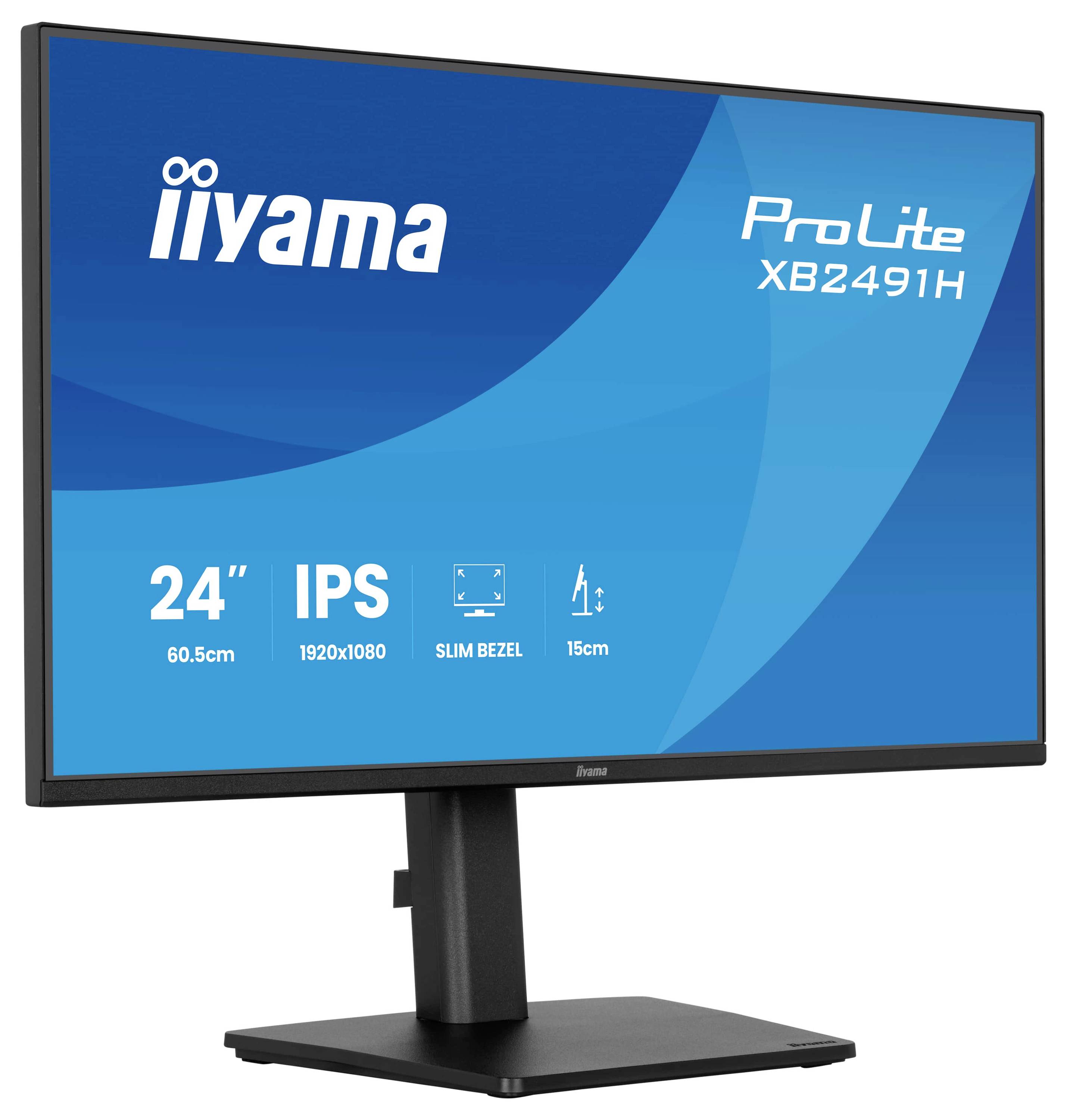Černý počítačový monitor s modrou obrazovkou zobrazuje značku 'Iiyama' a model 'ProLite XB2491HSU' a disponuje 24" IPS displejem.