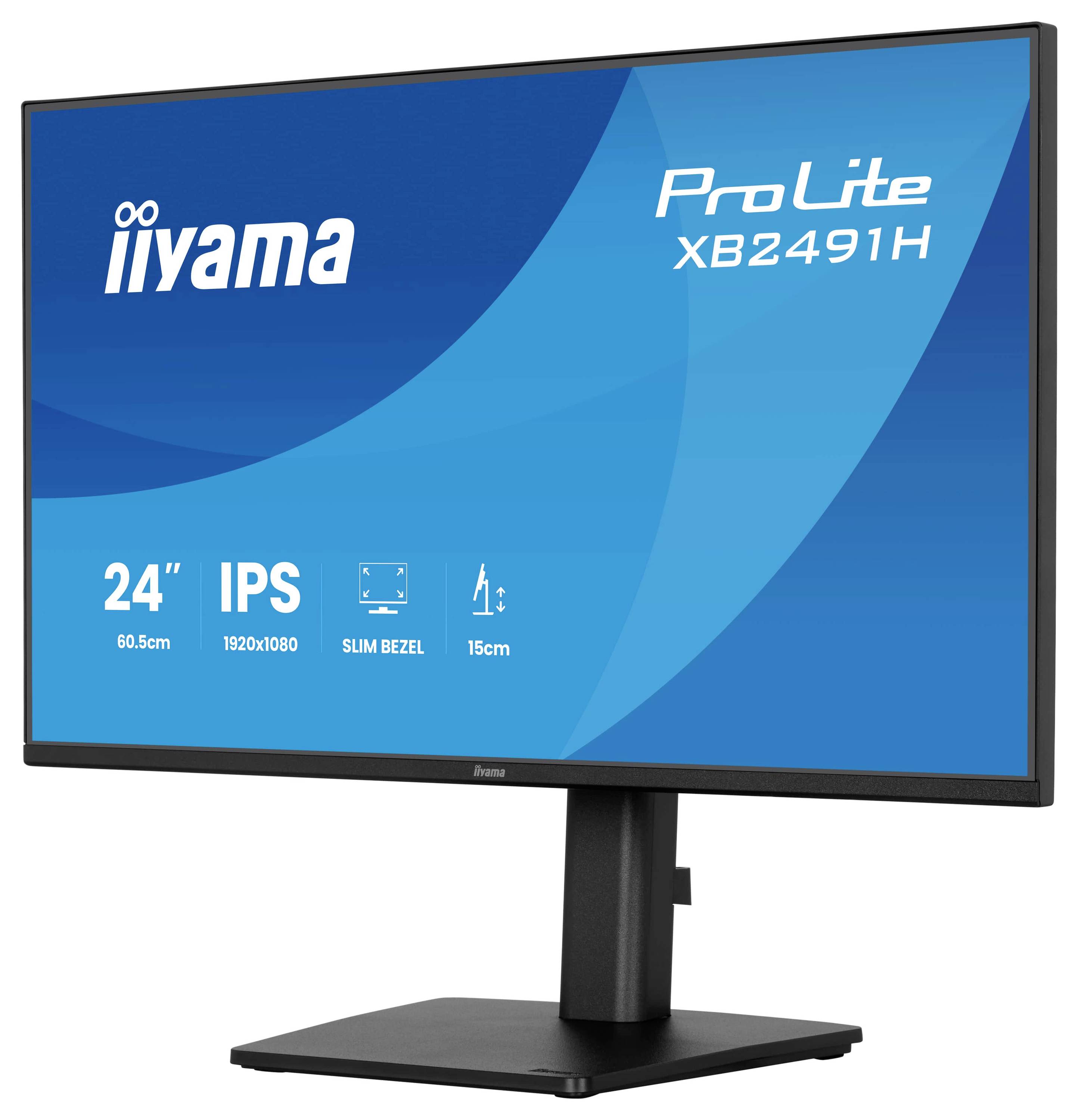 Velký monitor zobrazující text „iiyama ProLite XB2491H", „24" IPS Panel" a „1920x1080". Umístěný na černém, nastavitelném stojanu.