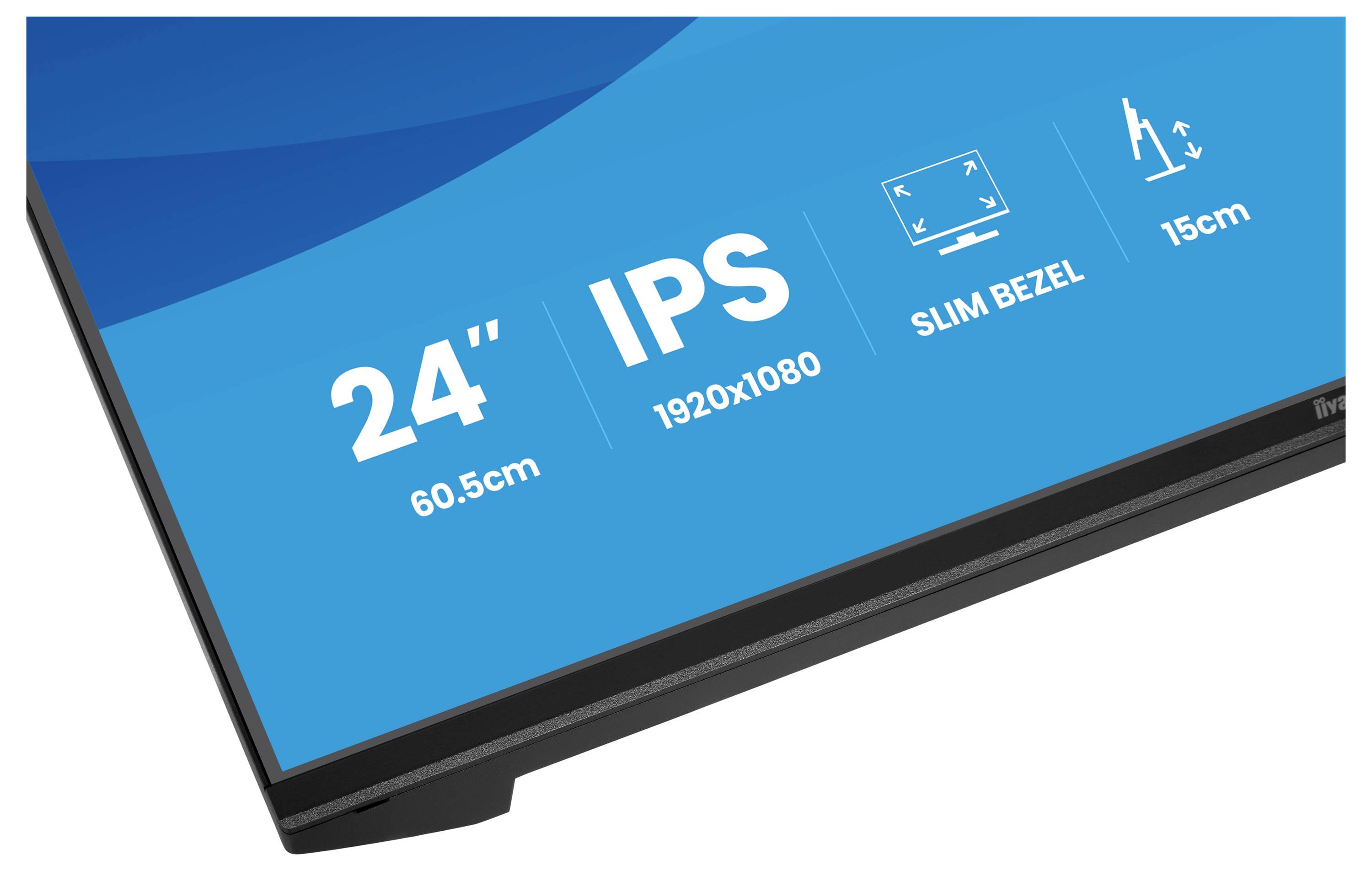 24" (60,5 cm) IPS monitor s rozlišením 1920x1080, s úzkým rámečkem a 15 cm nastavením výšky.