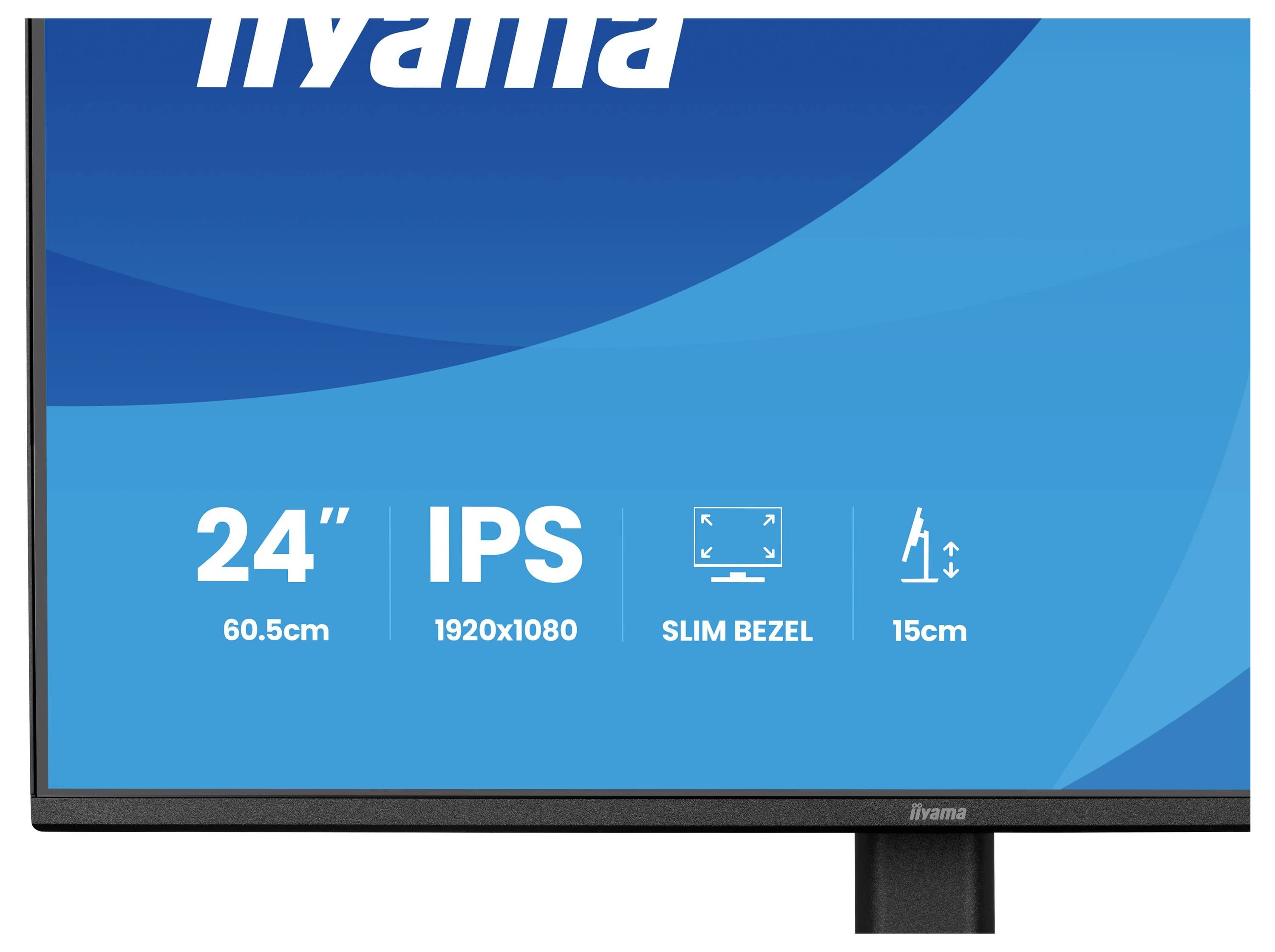 Monitor Iiyama s následujícími specifikacemi: 24" velikost obrazovky, IPS displej, rozlišení 1920x1080, design s tenkým rámečkem a výška 15 cm.
