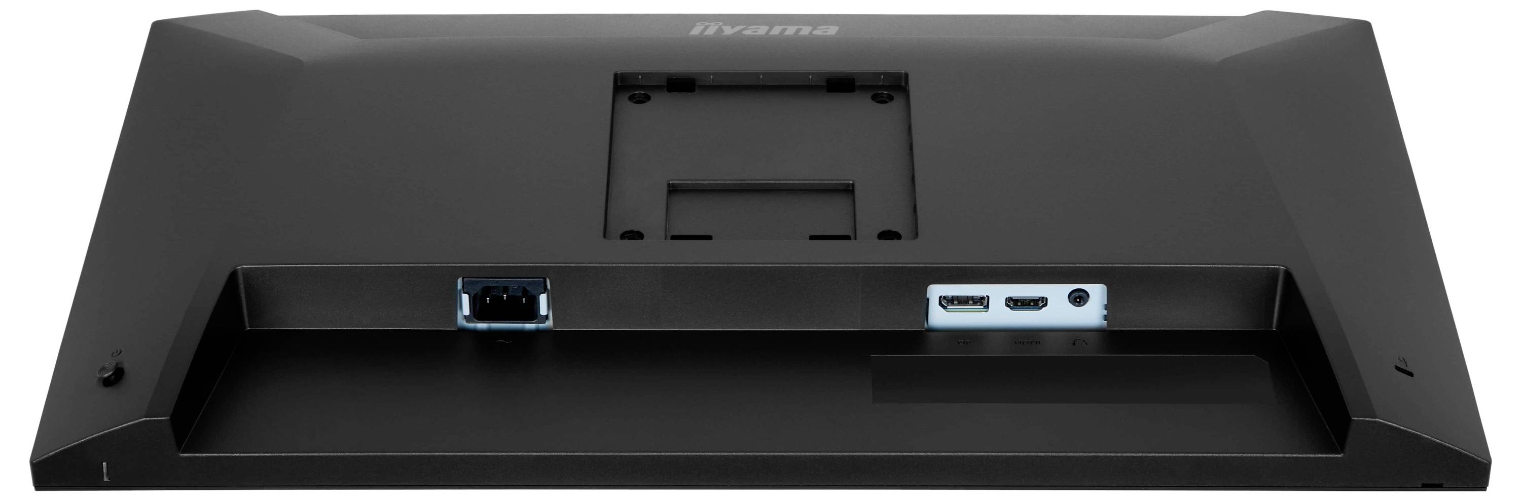 Zadní pohled na černý monitor iiyama ukazující porty pro připojení, včetně jednoho VGA a jednoho HDMI, umístěné v dolní střední části.