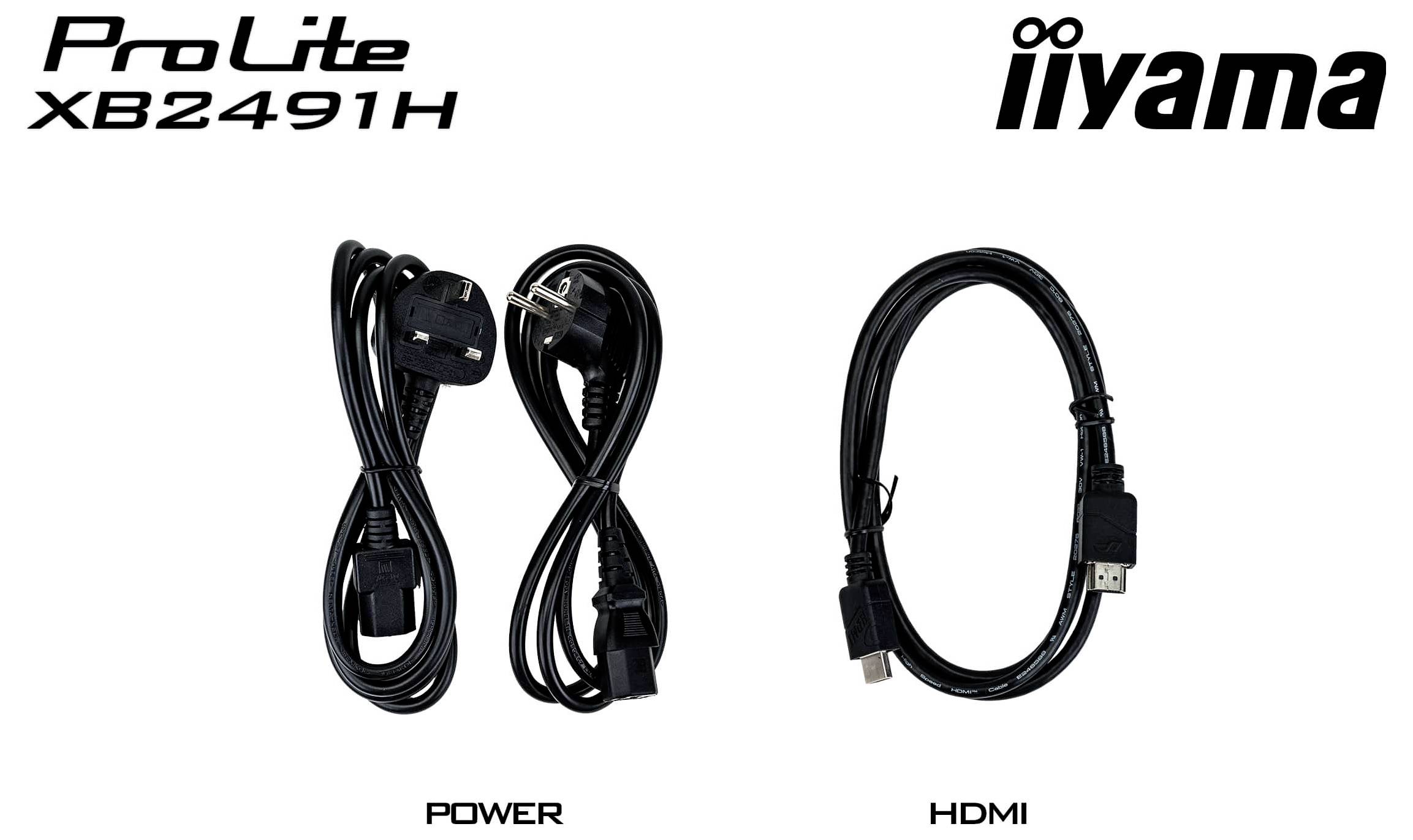 Kabely napájení a HDMI 'ProLite XB2491H' od iiyamy, zobrazující jeden napájecí kabel s britskou zástrčkou a jeden HDMI kabel, položené vedle sebe.