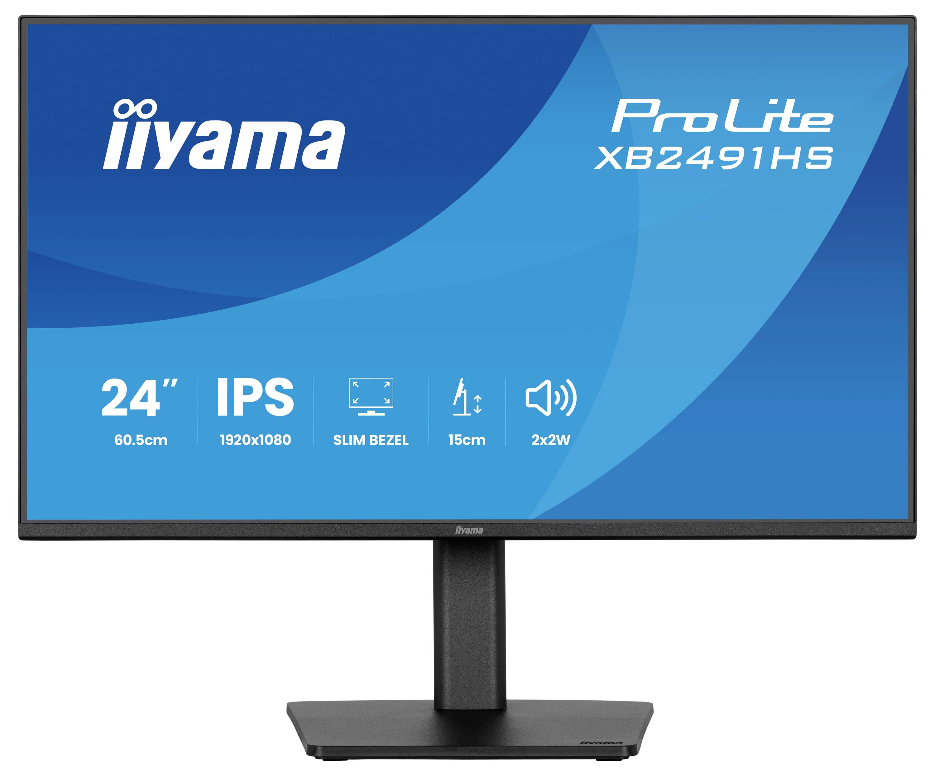 Monitor iiyama ProLite XB2491HS se vyznačuje 24" IPS displejem, rozlišením 1920x1080, tenkým rámečkem, nastavením výšky 15 cm a 2x2W reproduktory.