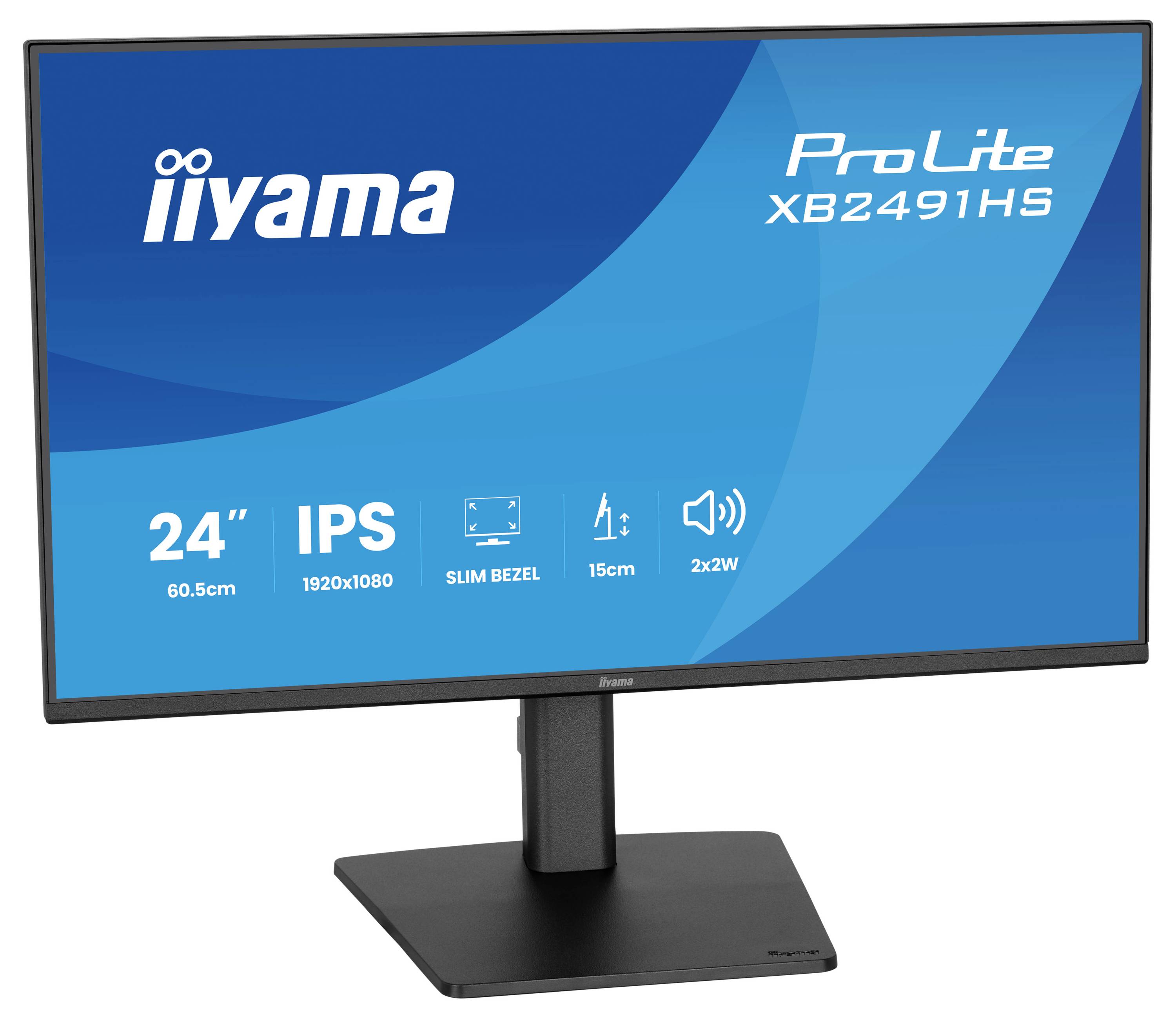 Monitor iiyama ProLite XB2491HS o velikosti 24 palců s technologií IPS, tenkým rámečkem, rozlišením 1920x1080, možností nastavení výšky 15 cm a reproduktory o výkonu 2x2W.
