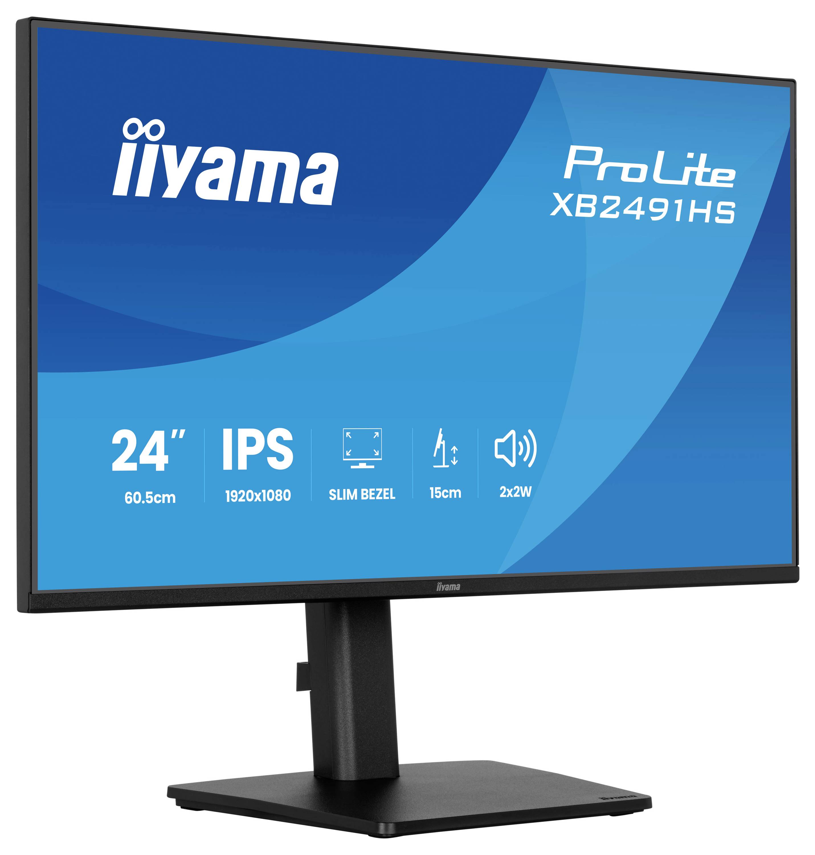 Monitor zobrazující specifikace: 24 palců, IPS, rozlišení 1920x1080, úzký rámeček, nastavení 15cm, duální reproduktory 2W.