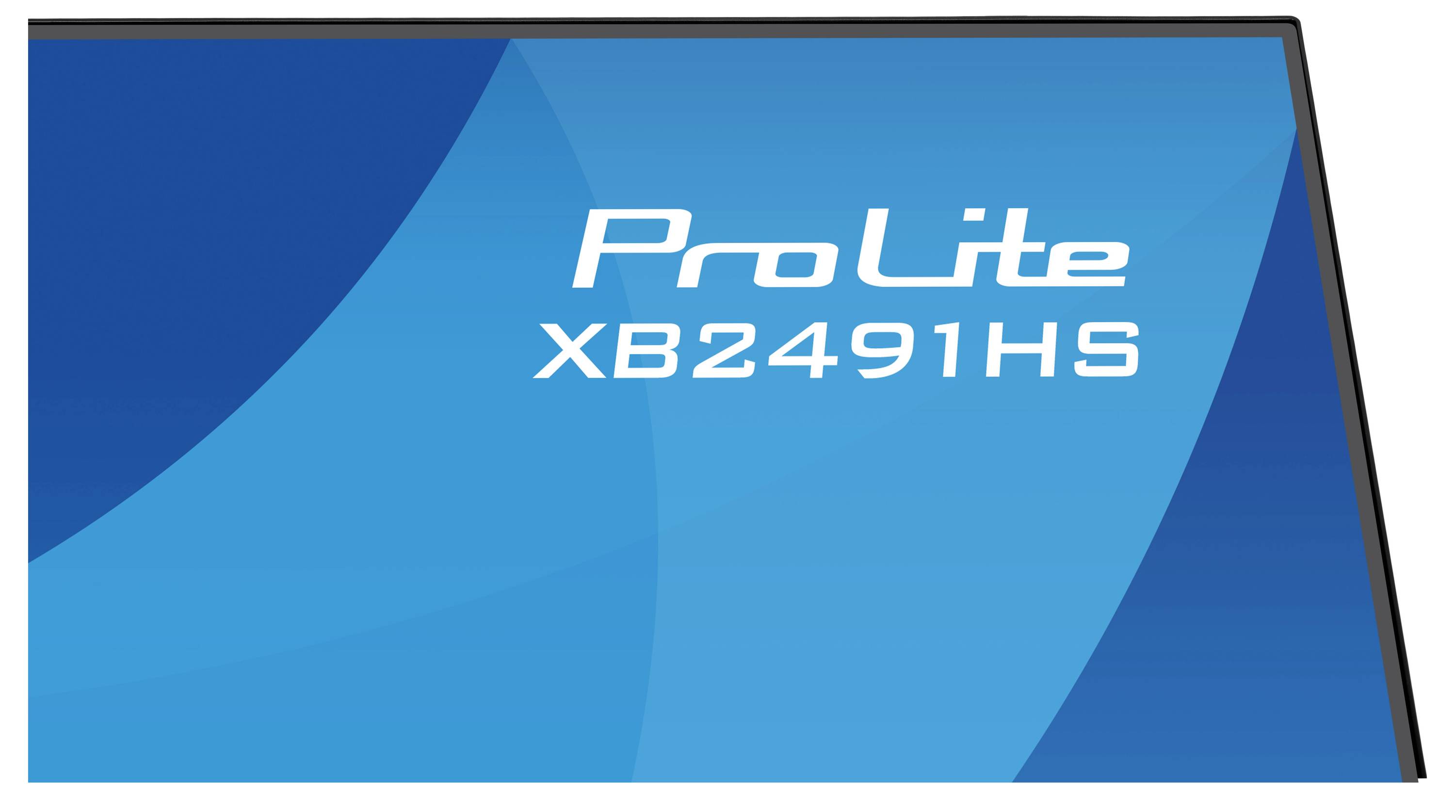 Monitor s modrým pozadím zobrazující text "ProLite XB2491HS".