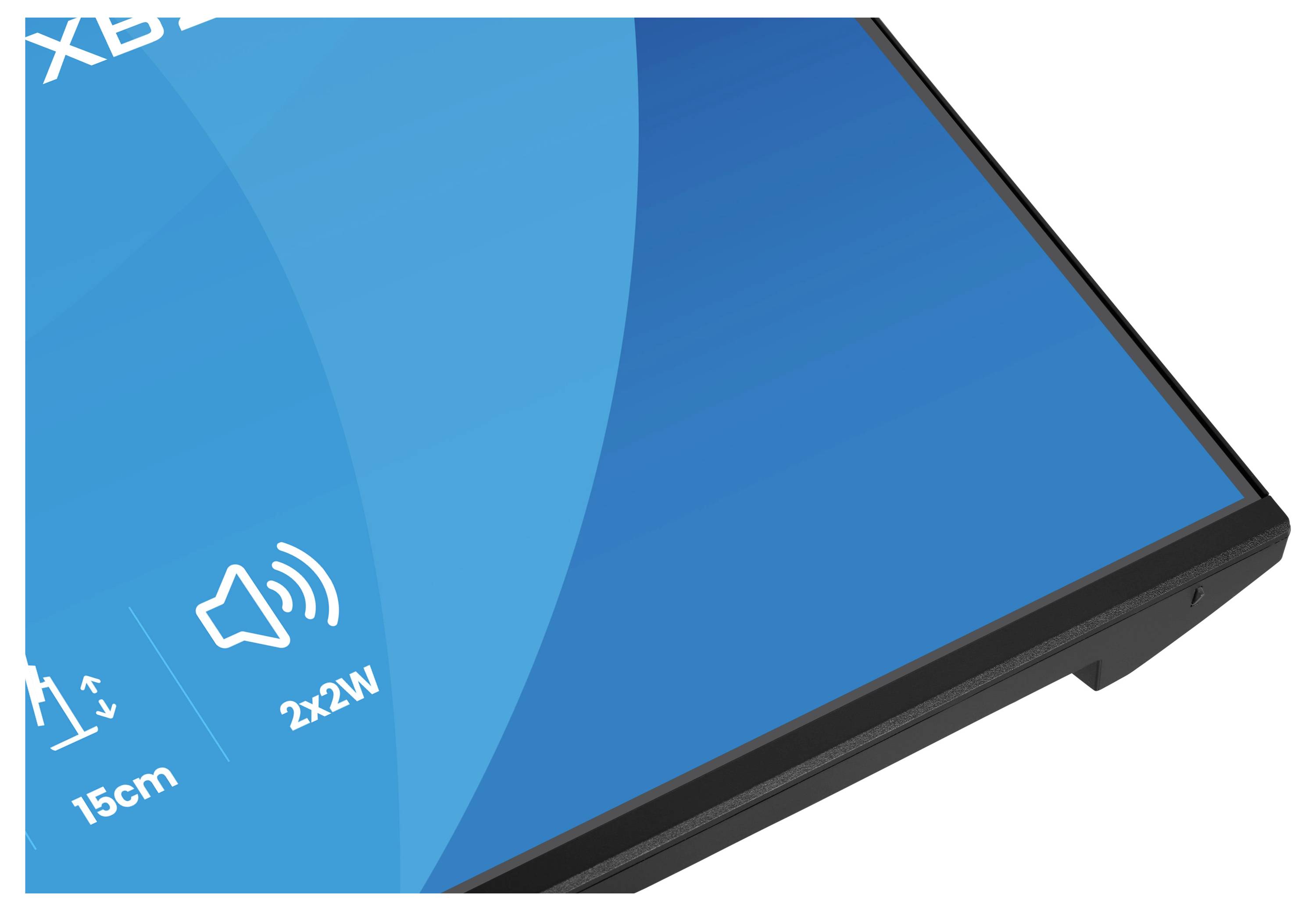 Detailní pohled na obrazovku zařízení zobrazující ikonu reproduktoru s audio specifikacemi "2x22W" a "15cm". Obrazovka je částečně viditelná.