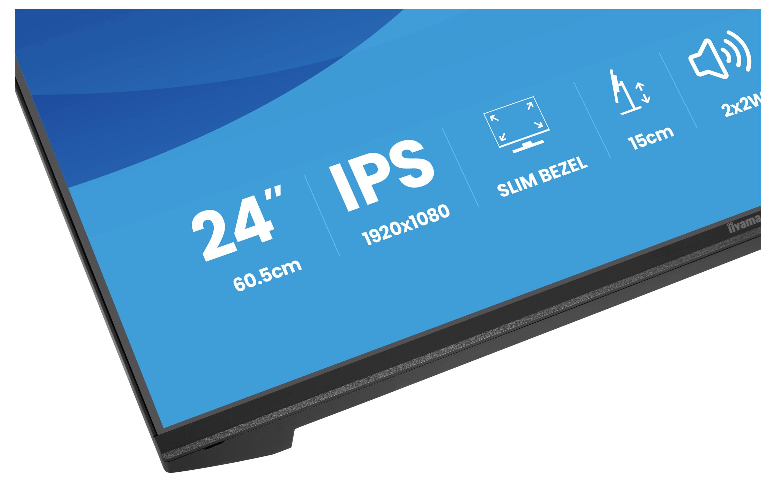 Obrazovka monitoru zobrazující specifikace: '24" (60,5cm)', 'IPS', '1920x1080', 'Slim Bezel', '15cm' nastavení výšky, 'reproduktory 2x2W'.