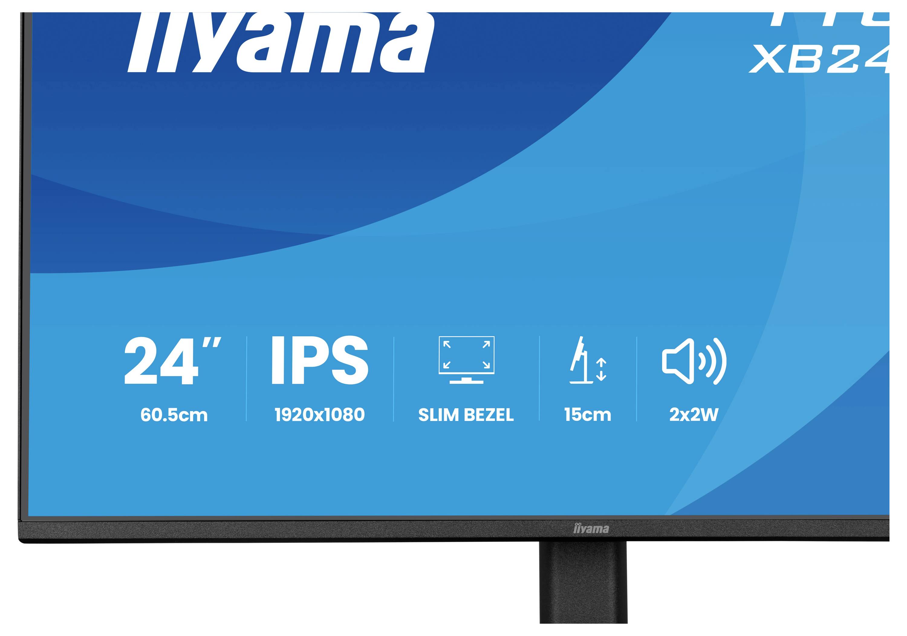 Monitor displej se zobrazením specifikací: 24" velikost, IPS technologie, rozlišení 1920x1080, úzký rámeček, 15cm nastavení, 2x2W reproduktory.