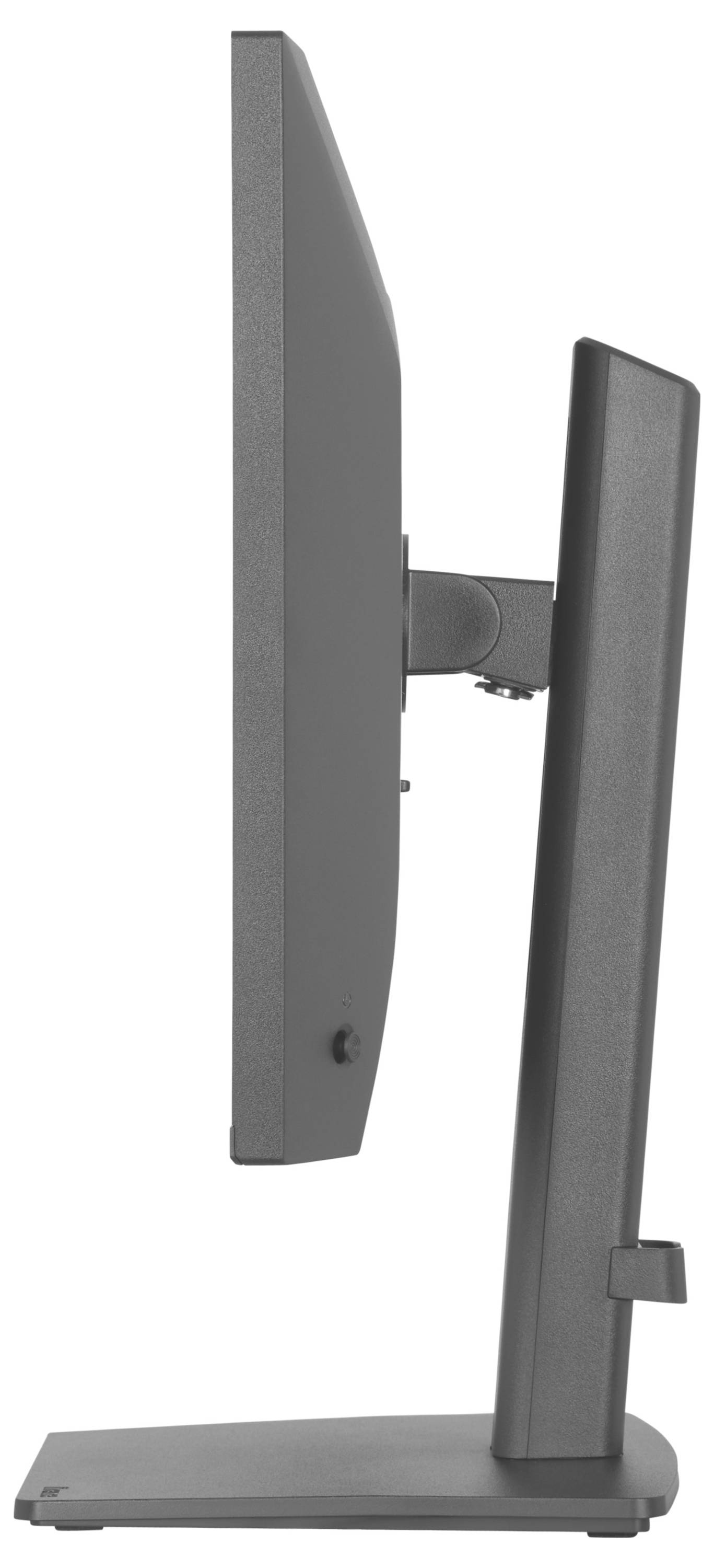 Pohled z boku na moderní počítačový monitor s štíhlým profilem na obdélníkovém stojanu, který zdůrazňuje jeho tenký a elegantní design.