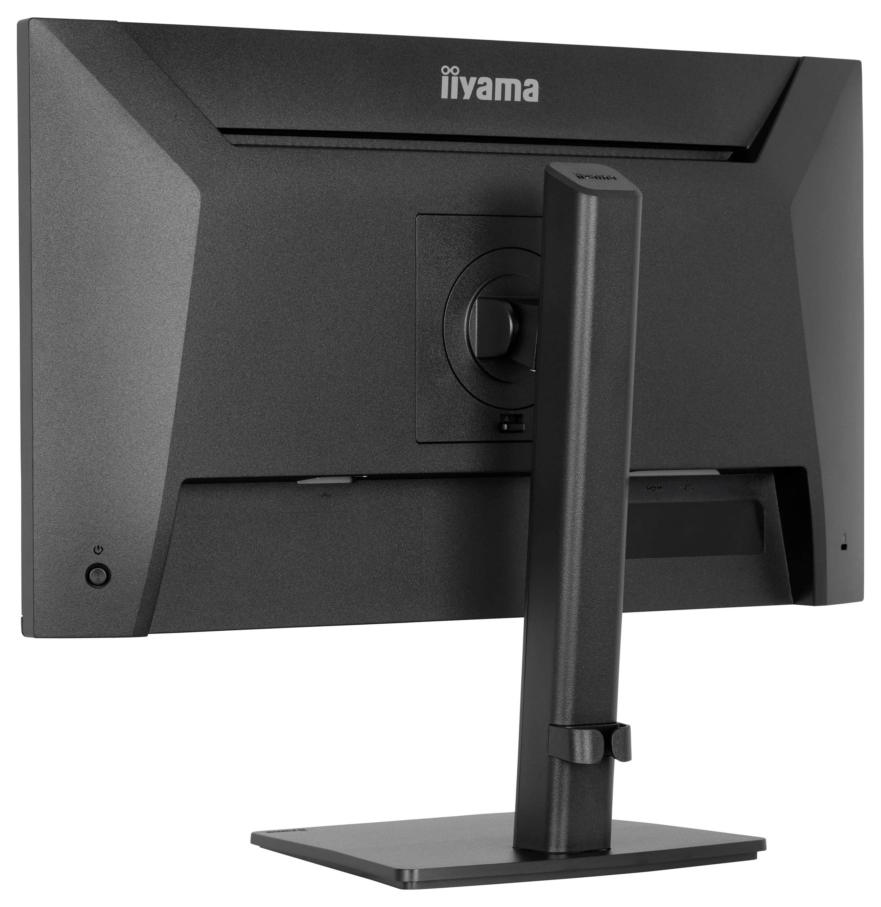 Zadní pohled na černý počítačový monitor na stojanu s logem iiyama. Design je elegantní s minimalistickým stojanem.