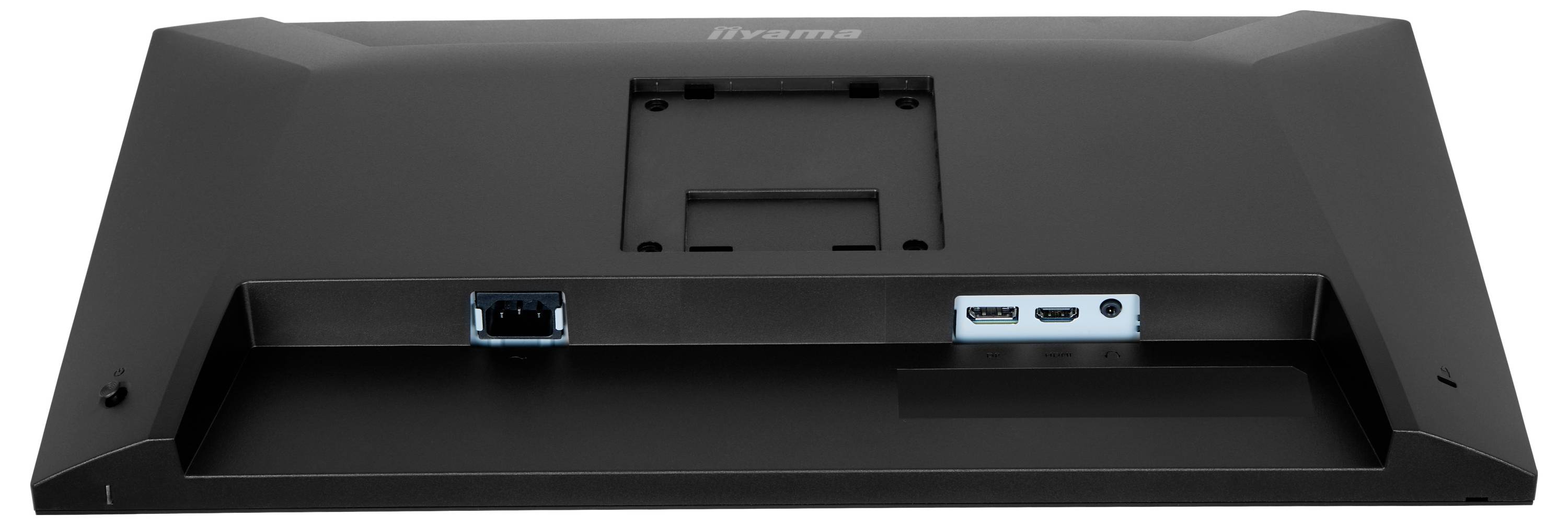 Černý zadní panel monitoru s držákem pro upevnění, jeden modrý port VGA, jeden port HDMI a bílý napájecí port.