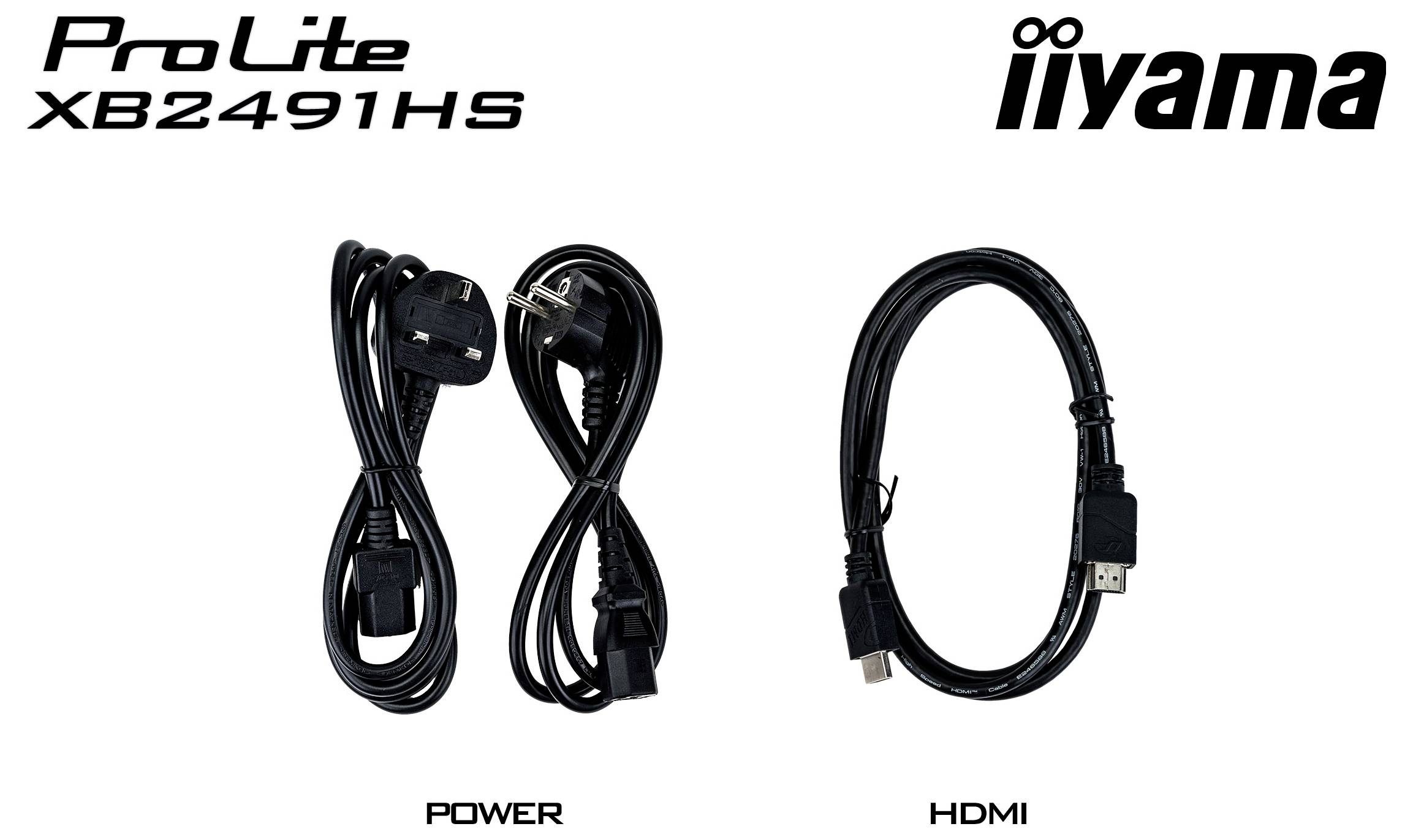 Monitorovací kabely "ProLite XB2491HS": Dva napájecí kabely a jeden HDMI kabel, zobrazené s logem "iiyama" nahoře.