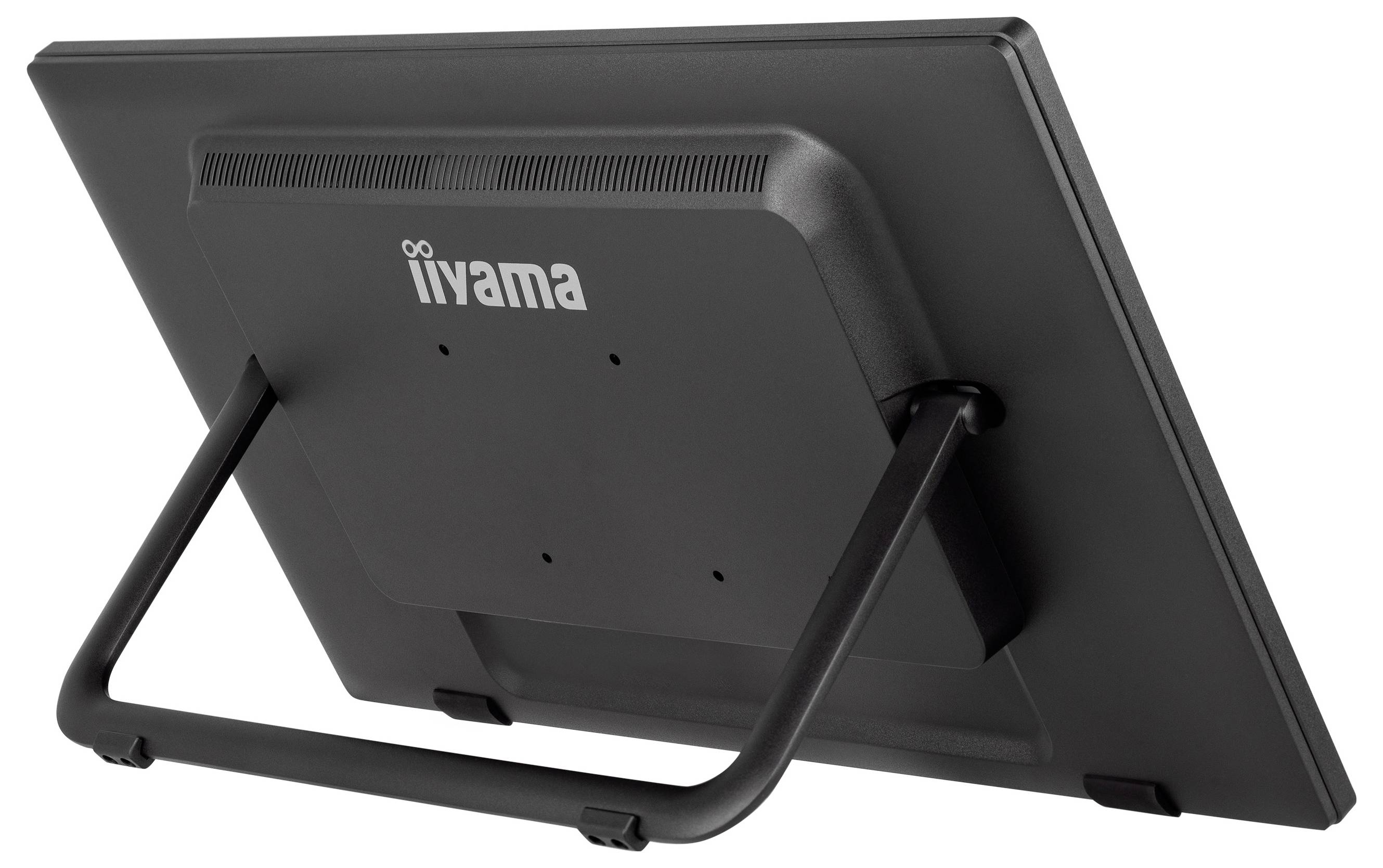 Pohled zezadu na černý monitor iiyama se stojanem, zobrazující větrací štěrbiny a logo značky na zadním panelu.