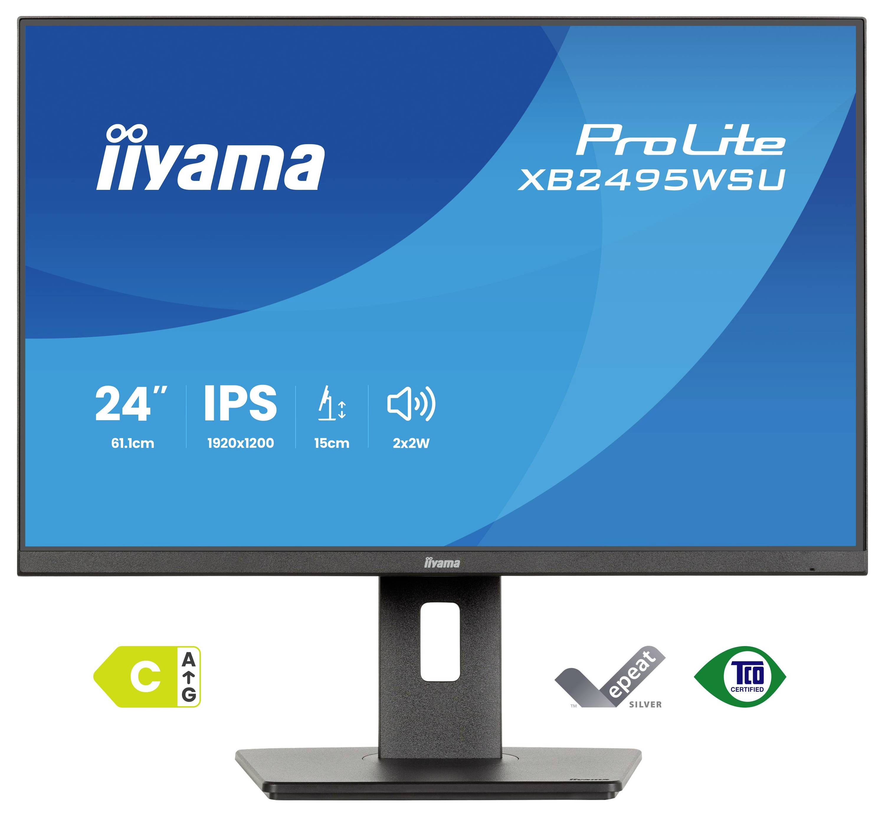 Monitortem značky iiyama "ProLite XB2495WSU", 24palcový, IPS displej, rozlišení 1920x1200, energetická třída C, 2x2W reproduktory, ergonomický stojan.