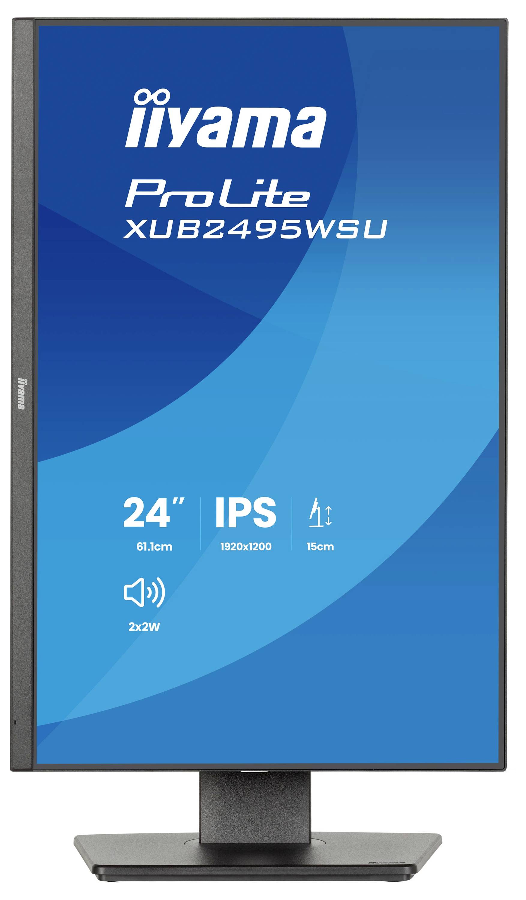 Přímý počítačový monitor zobrazující modrý obraz s textem "iiyama ProLite XUB2495WSU", zobrazeny velikost a detaily rozlišení.