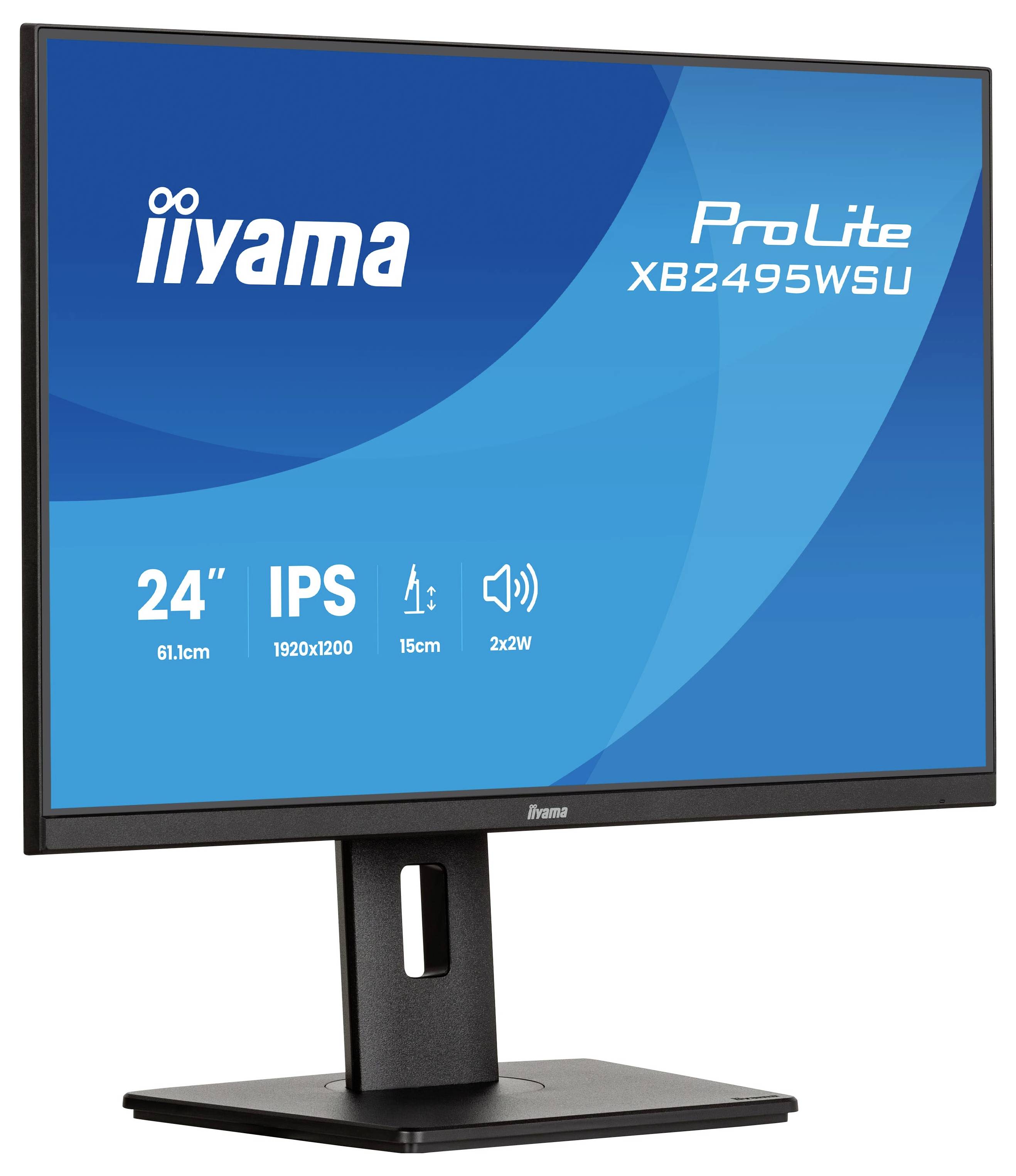Počítačový monitor zobrazující značku "iiyama" a model "ProLite XB2495WSU" se specifikacemi: 24" obrazovka, IPS, rozlišení 1920x1200, 15cm, 2x2W reproduktory.