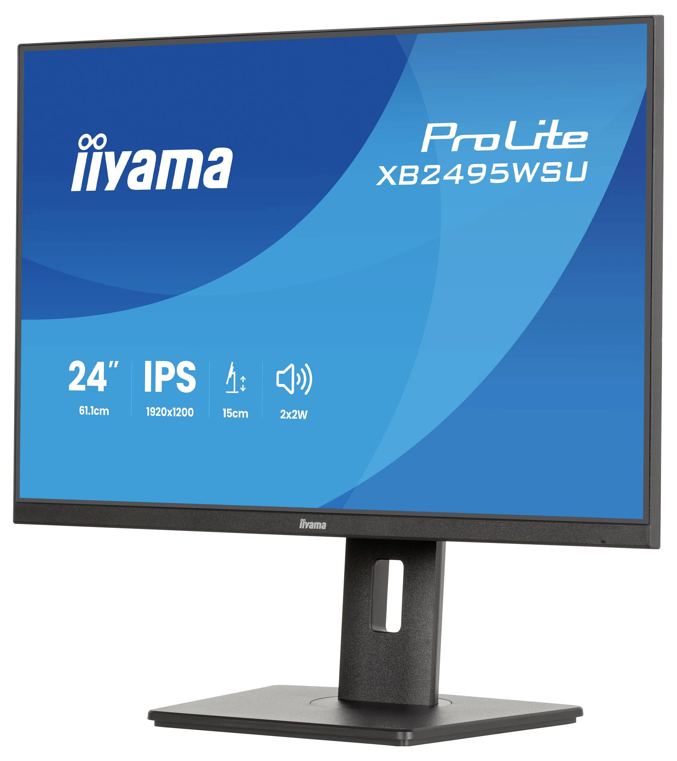 Na počítačovém monitoru je zobrazeno logo „iiyama ProLite XB2495WSU". Zvýrazňuje klíčové vlastnosti: „24" IPS, 61cm, 1920x1200, 15cm, 2x2W".