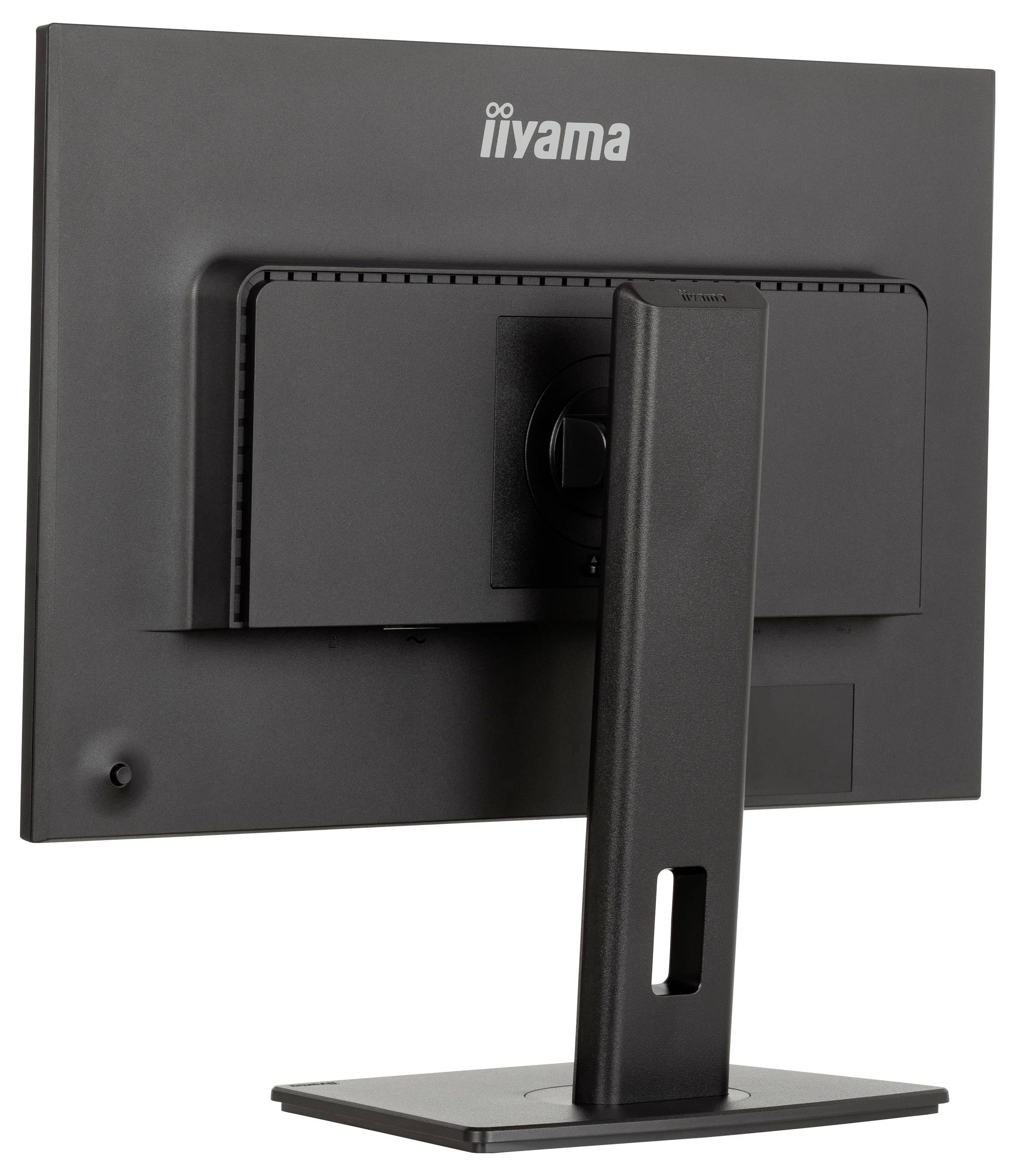 Černý počítačový monitor s logem "iiyama", pohled zezadu, ukazující stojan a zadní panel.