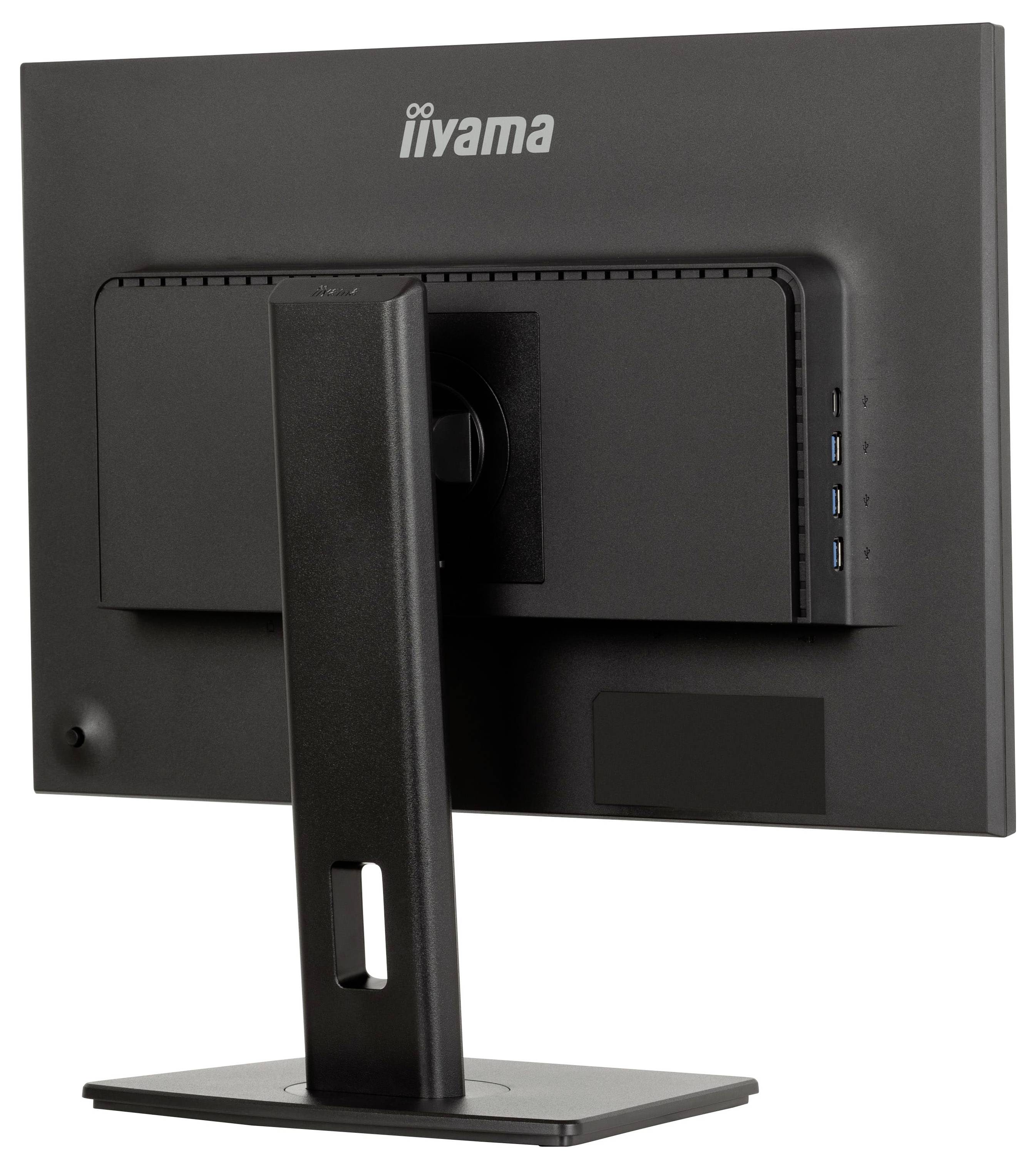 Černý počítačový monitor pozorovaný zezadu, ukazující podstavec a USB porty na pravé straně. Název značky 'iiyama' je viditelný v horní části.