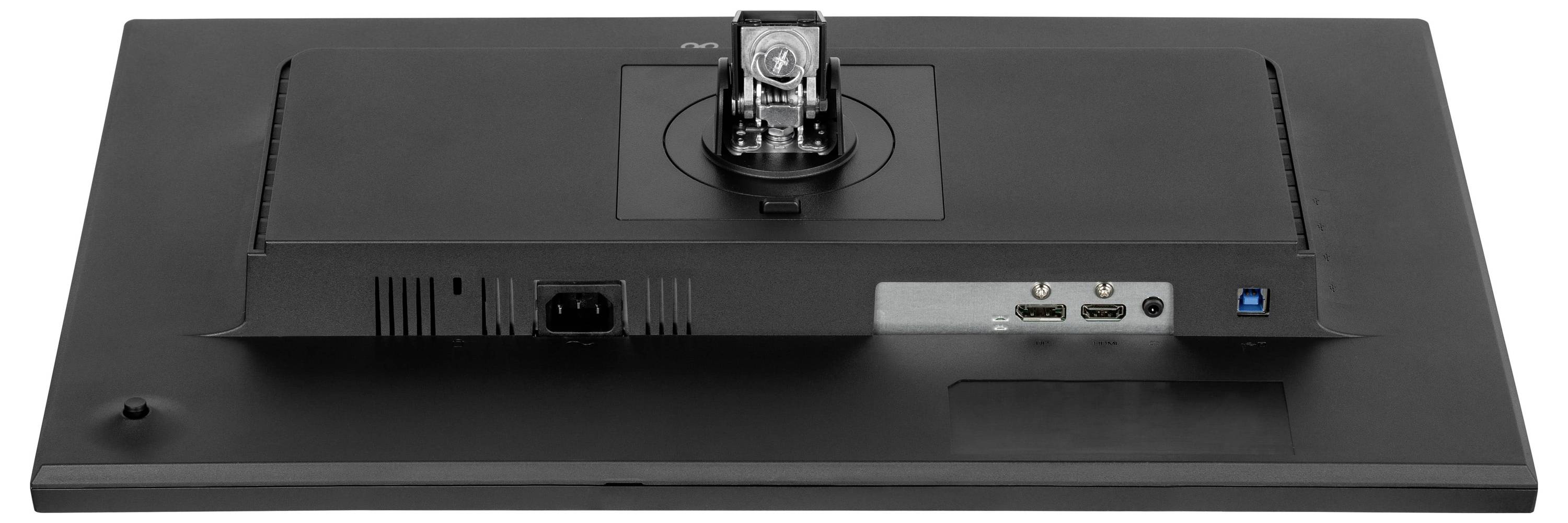 Obrázek ukazuje zadní stranu černého monitoru s porty pro připojení, včetně HDMI, DisplayPortu a napájecího vstupu.