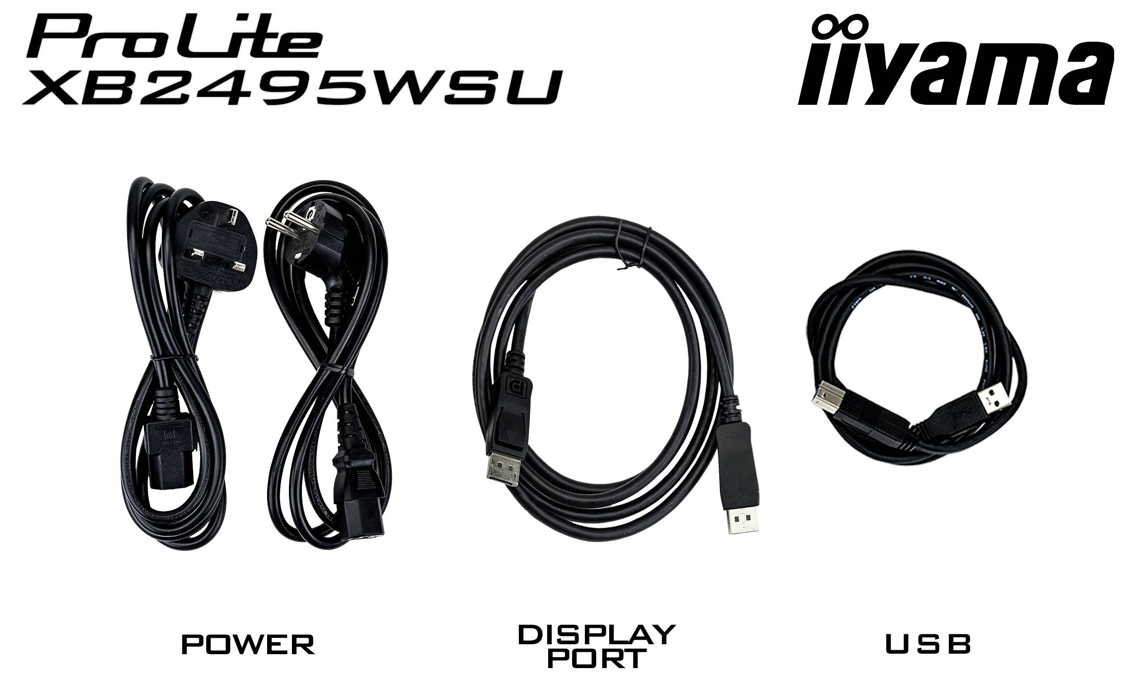 Obrázek zobrazuje tři kabely označené pod monitorem "ProLite XB2495WSU": napájecí kabel, kabel DisplayPort a USB kabel.