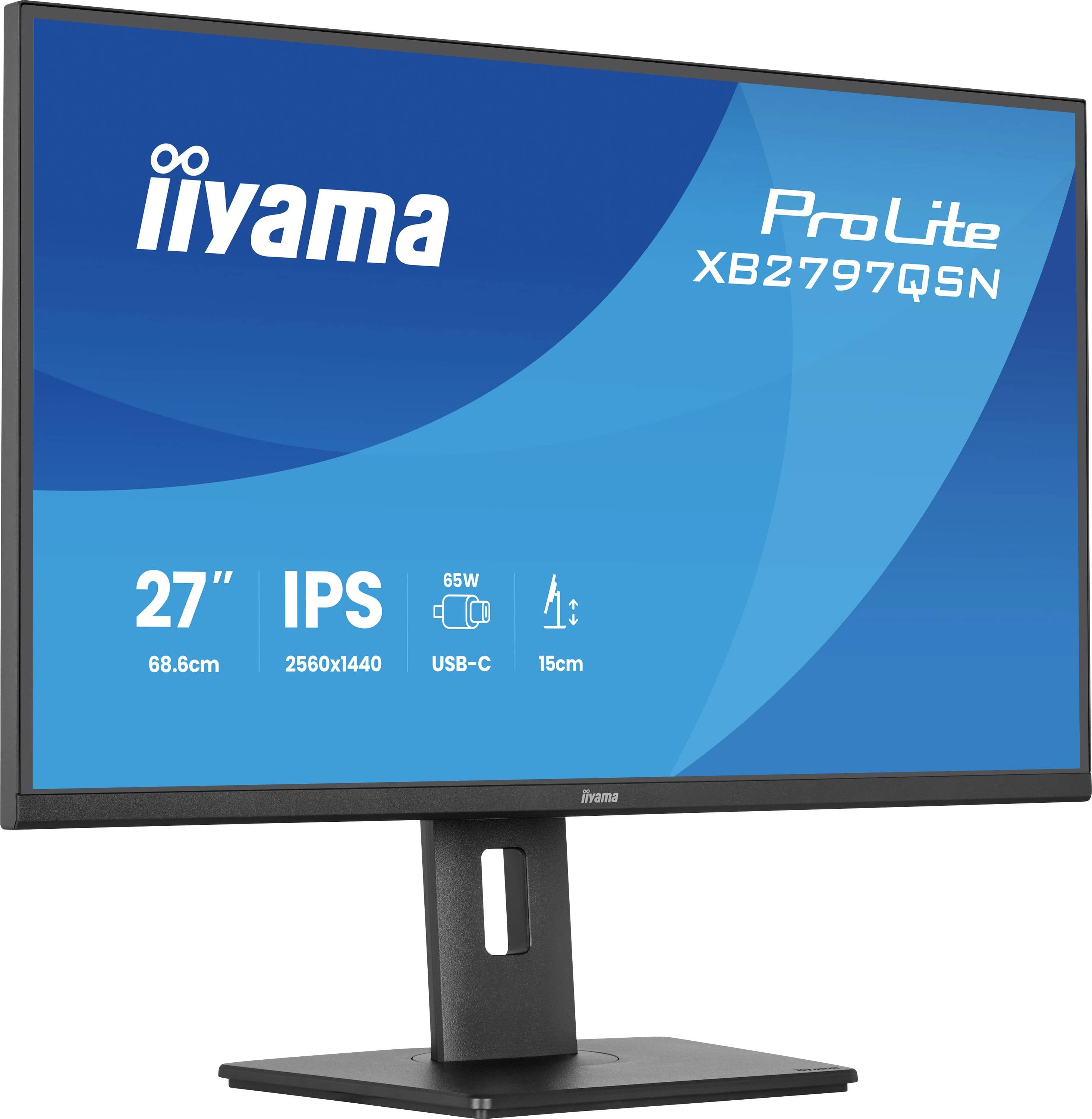 iiyama ProLite XB2797QSN 27palcový IPS monitor na stojanu, zobrazující rozlišení 2560x1440, USB-C, 65W dodávka energie a nastavení výšky 15 cm.