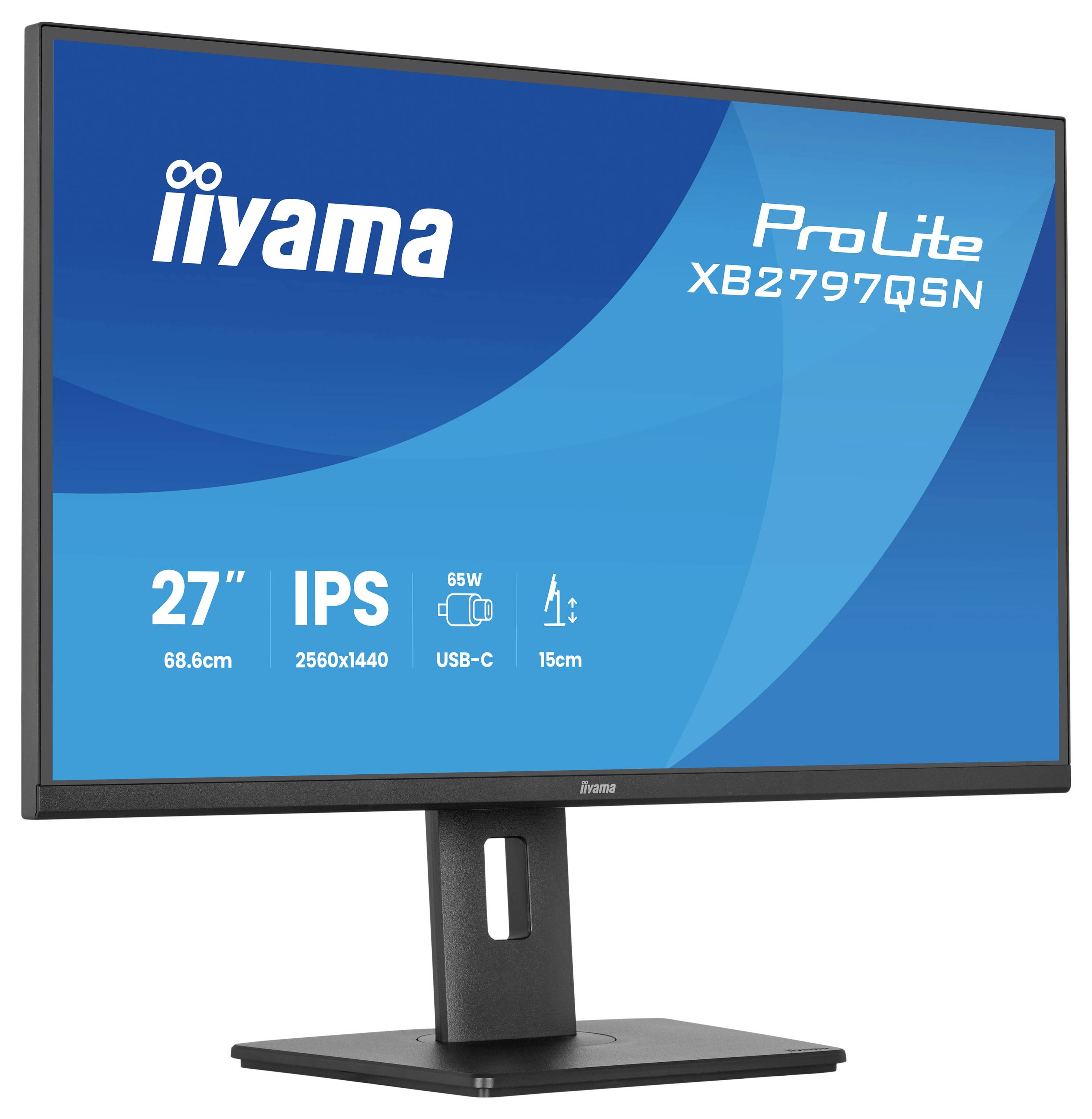 Iiyama ProLite XB2797QSN monitor o úhlopříčce 27 palců zobrazující specifikace: IPS, rozlišení 2560x1440, výkon 65W, port USB-C.