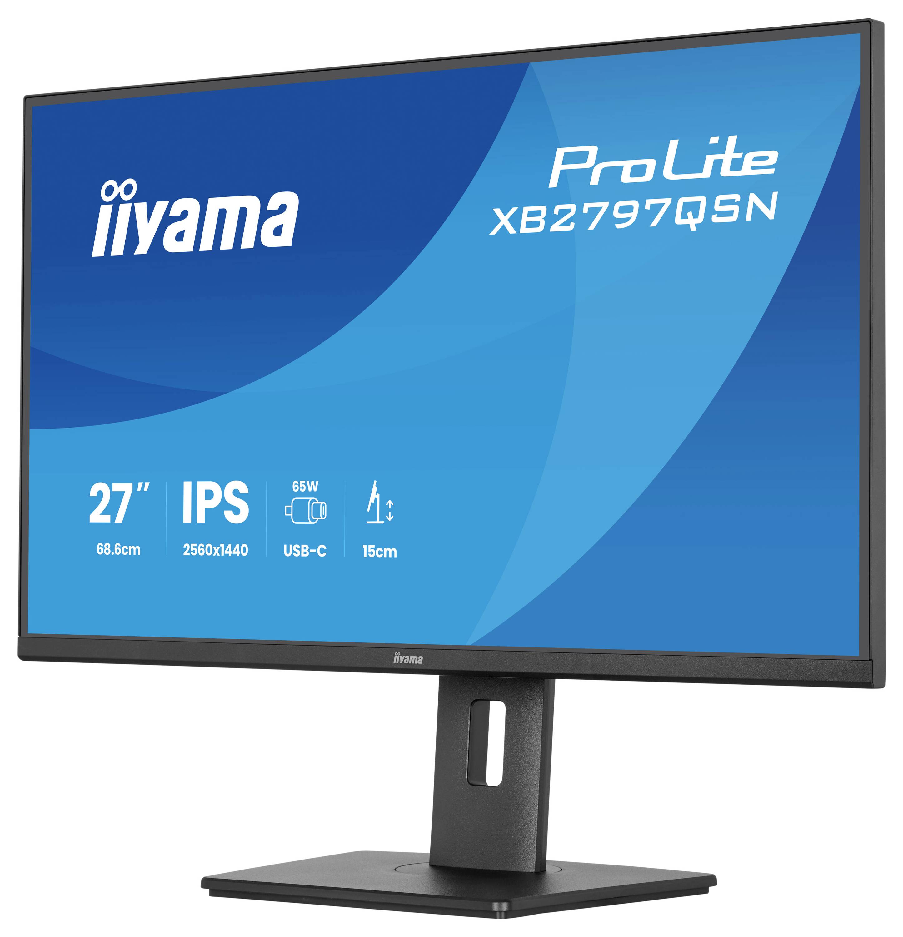 Počítačový monitor zobrazující specifikace: "iiyama ProLite XB2797QSN", 27palcová obrazovka, rozlišení 2560x1440, IPS panel, port USB-C.