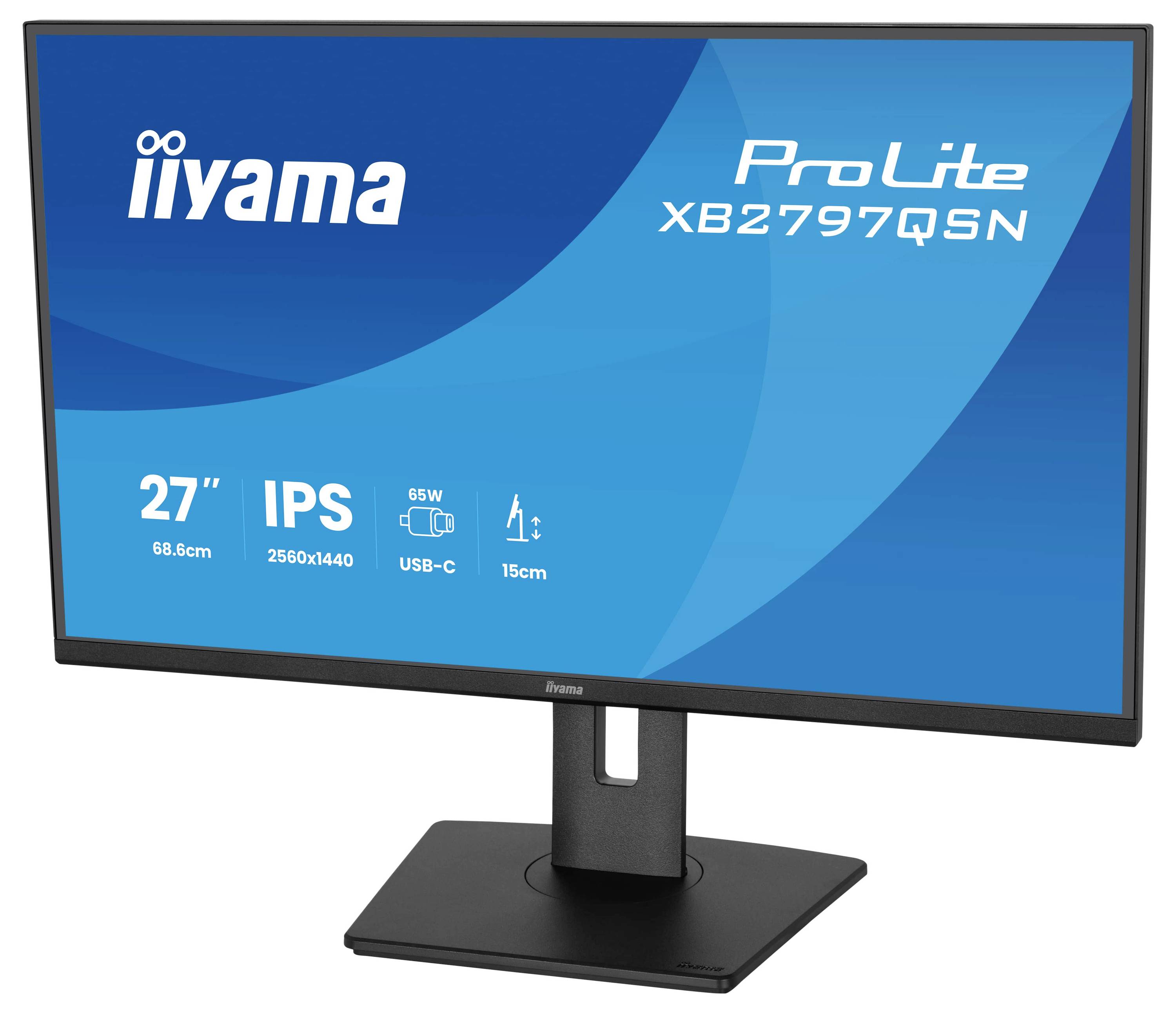 Monitor 'iiyama ProLite XB2797QSN' zobrazuje specifikace: 27" displej, rozlišení 2560x1440, IPS panel, spotřeba energie 65W, USB-C.