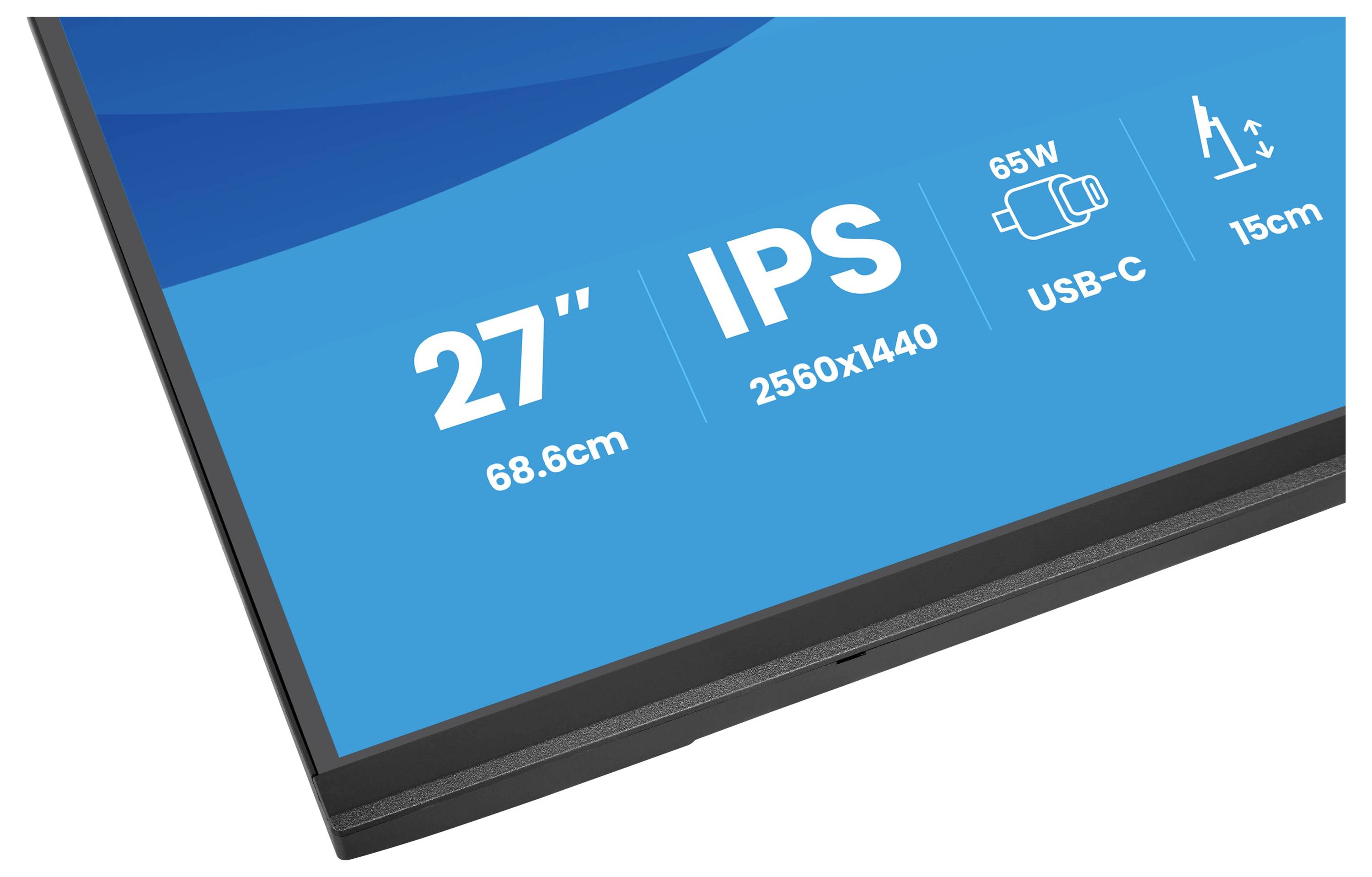 Část obrazovky monitoru zobrazující "27" 68,6cm, IPS, 2560x1440, 65W, USB-C, 15cm" na modrém pozadí, což ukazuje specifikace displeje.