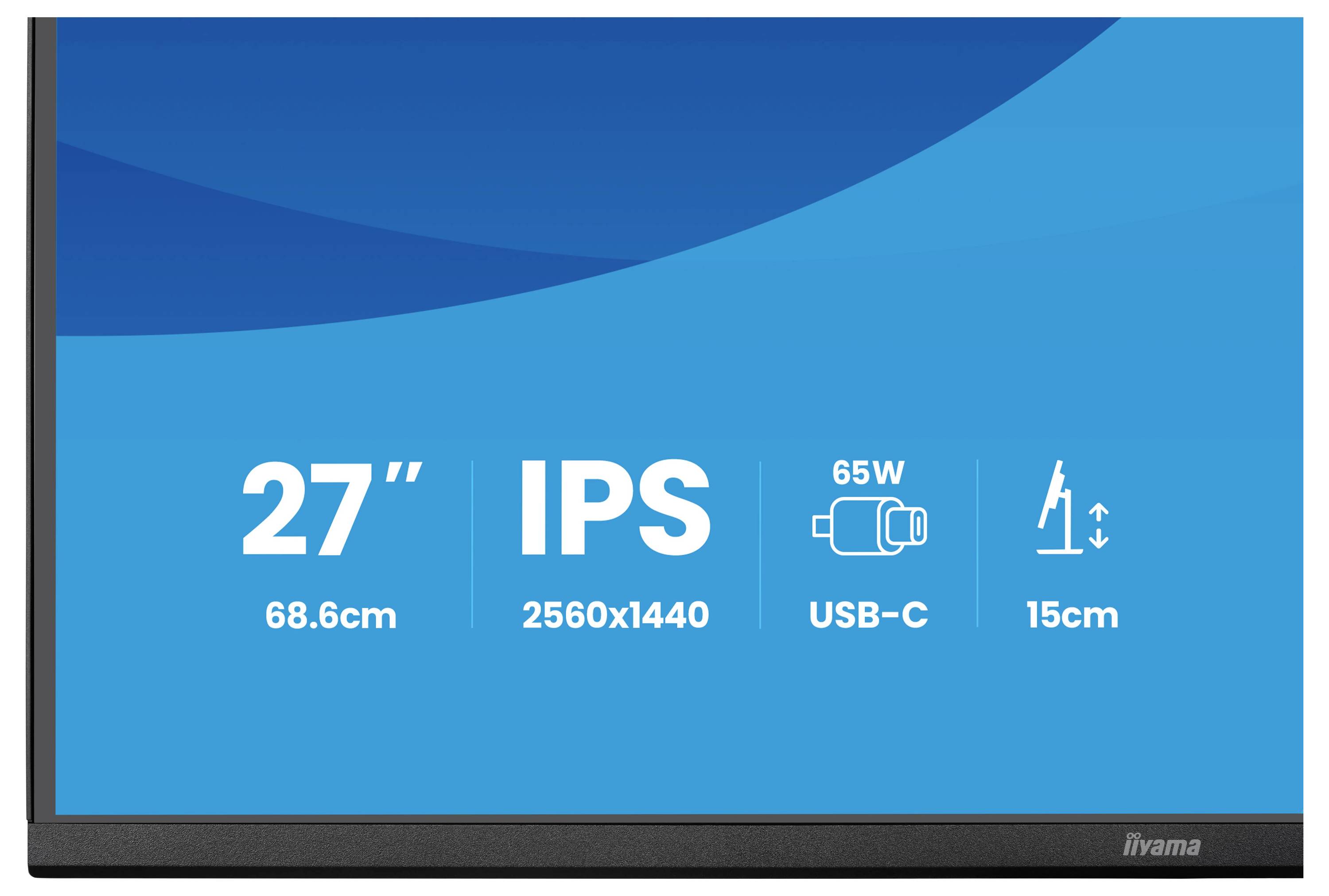 27palcový IPS monitor s rozlišením 2560x1440, vybavený USB-C, 65W dodávkou energie a nastavením výšky o 15 cm.