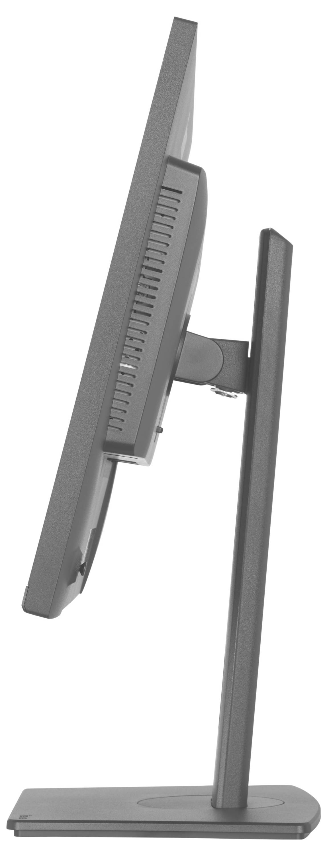 Pohled ze strany na tenký, moderní počítačový monitor na stojanu. Obrazovka se mírně naklání dozadu a ukazuje elegantní, minimalistický design.