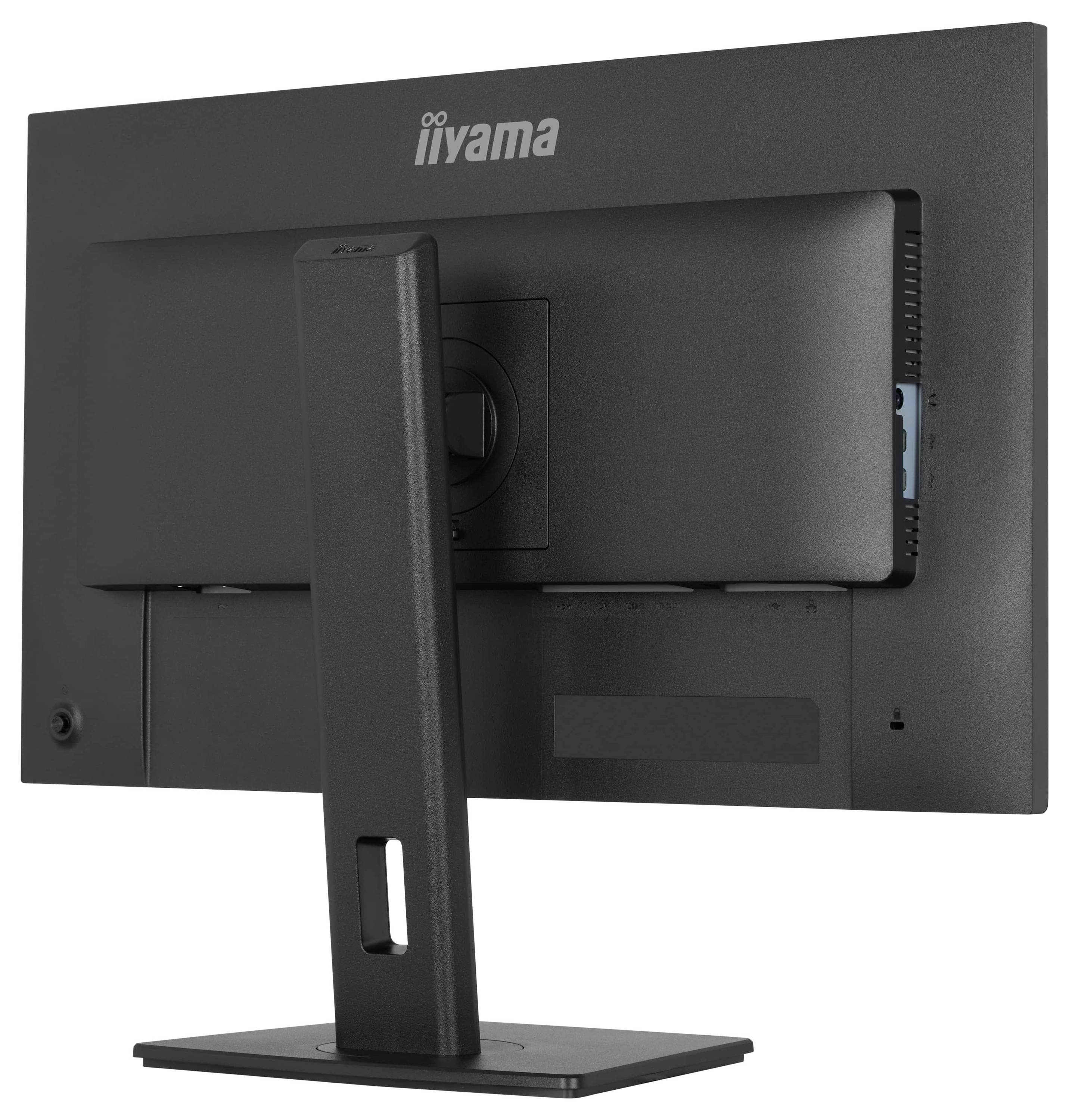 Černý monitor počítače viděný zezadu, připevněný na obdélníkovém podstavci, s logem značky zobrazeným v horním středu.