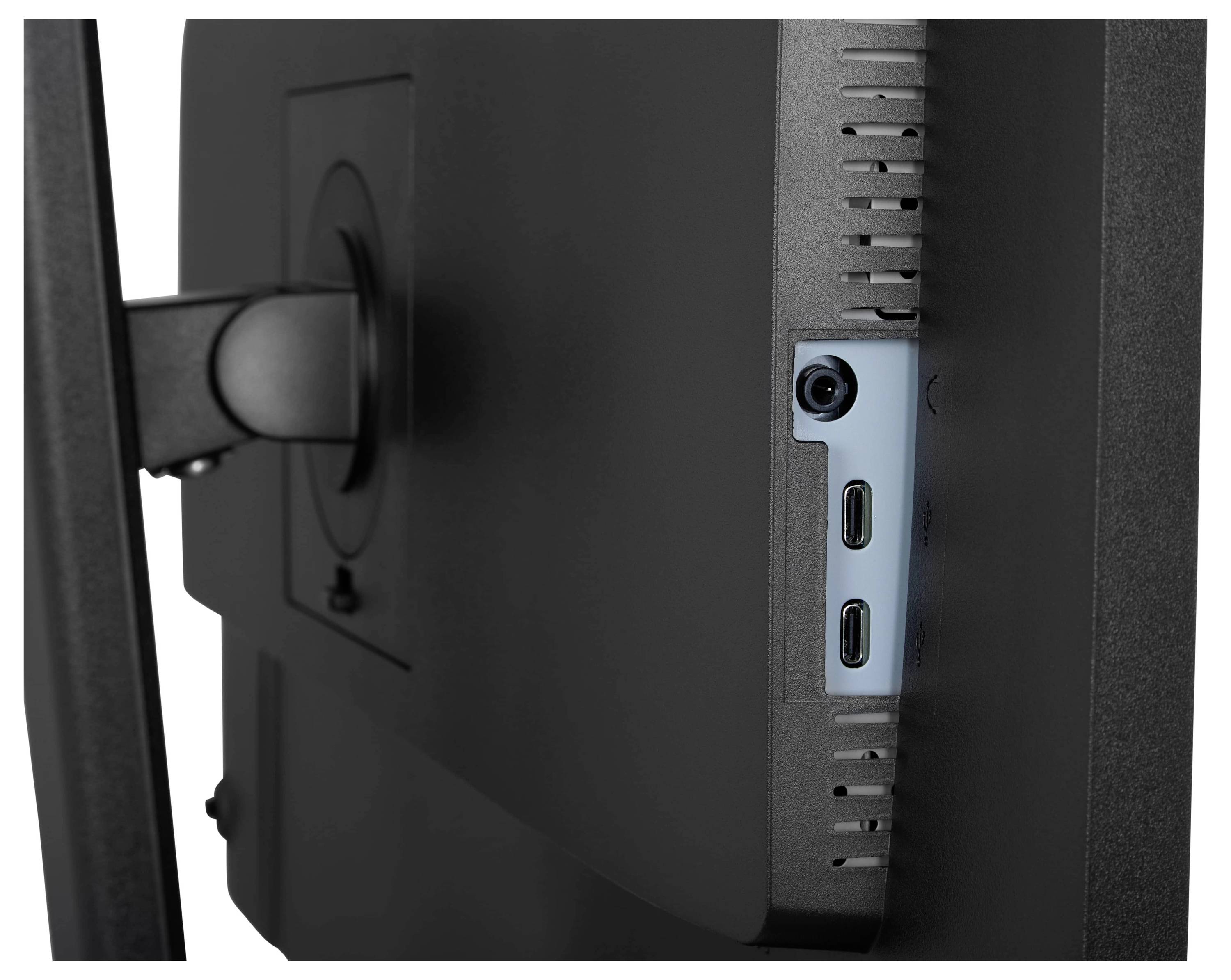 Boční pohled na počítačový monitor zobrazující dva porty USB-C a vstup napájení na zadním panelu.