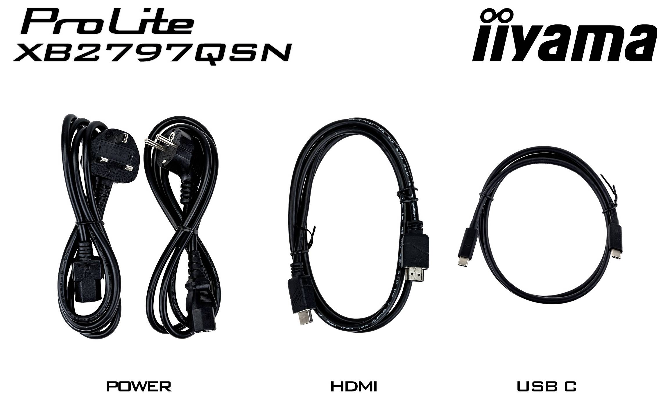 Tři kabely označené "Napájení", "HDMI" a "USB C" jsou zobrazeny zleva doprava pod textem "ProLite XB2797QSN" a "iiyama".