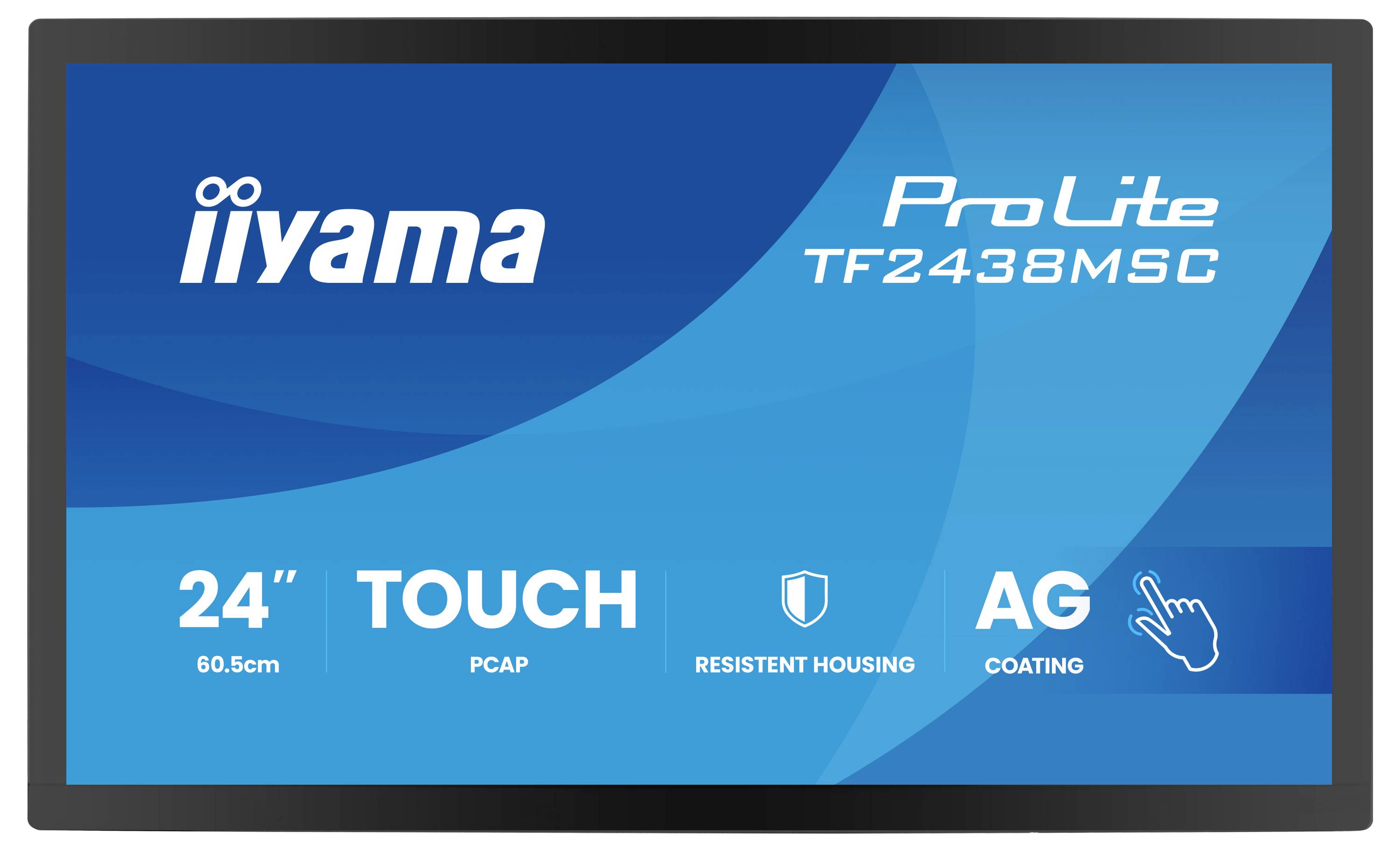 Dotykový displej s reklamou na 'iiyama ProLite TF2438MSC', obsahující 24palcovou (60,5cm) obrazovku, PCAP dotek, odolné pouzdro a AG povlak.
