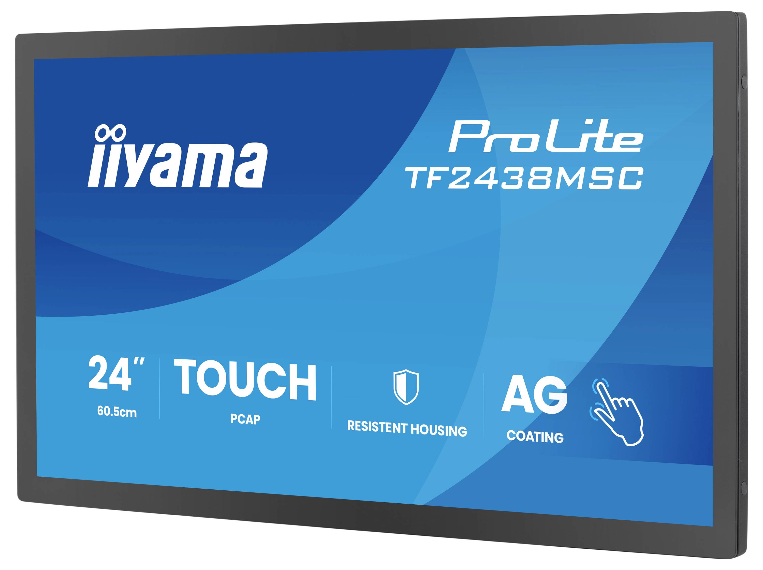 Monitor s dotykovou obrazovkou 'iiyama ProLite TF2438MSC'. Funkce: velikost 24 palců, technologie PCAP dotyku, odolné pouzdro, matný povrch AG.