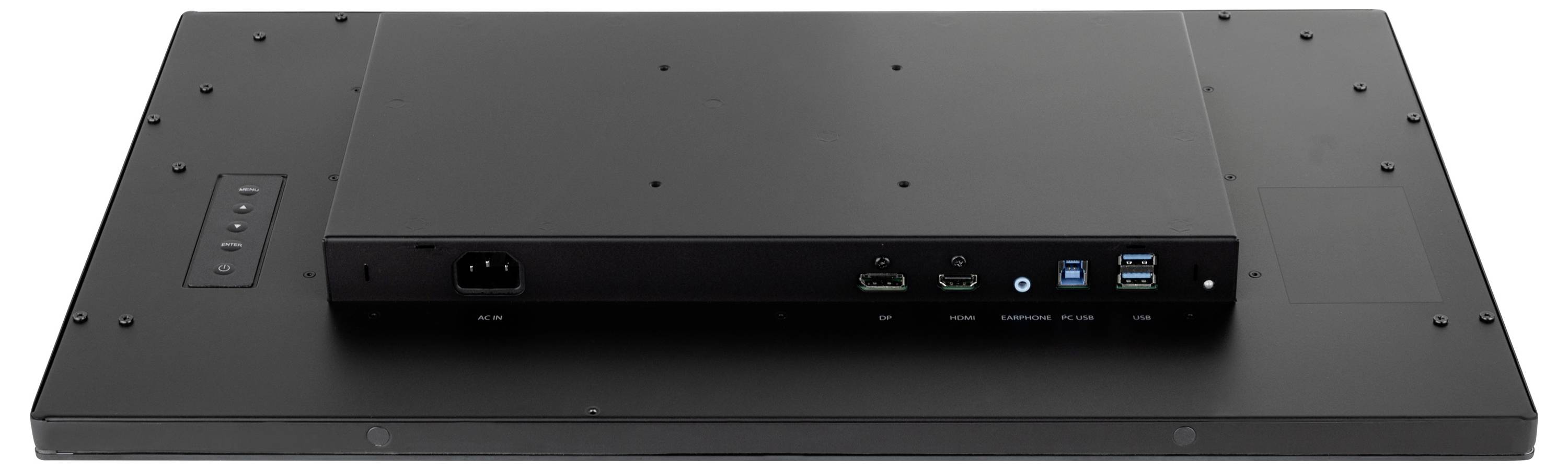 Plochý monitor zobrazený zezadu s viditelným portů včetně napájení, HDMI a USB připojení. Monitor má elegantní, černý design.