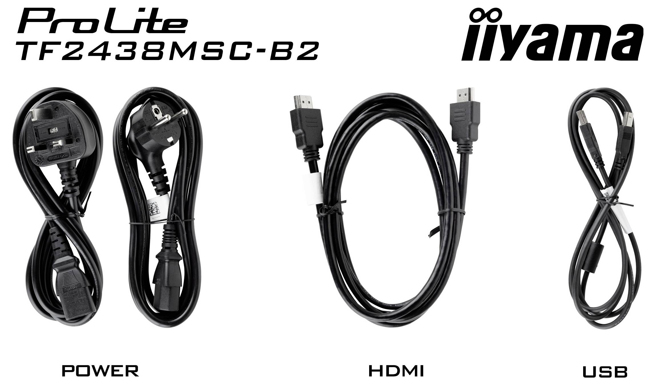 Monitory "ProLite TF2438MSC-B2" obsahuje napájecí kabel, kabel HDMI a kabel USB, z nichž každý je zobrazen samostatně pro nastavení připojení.