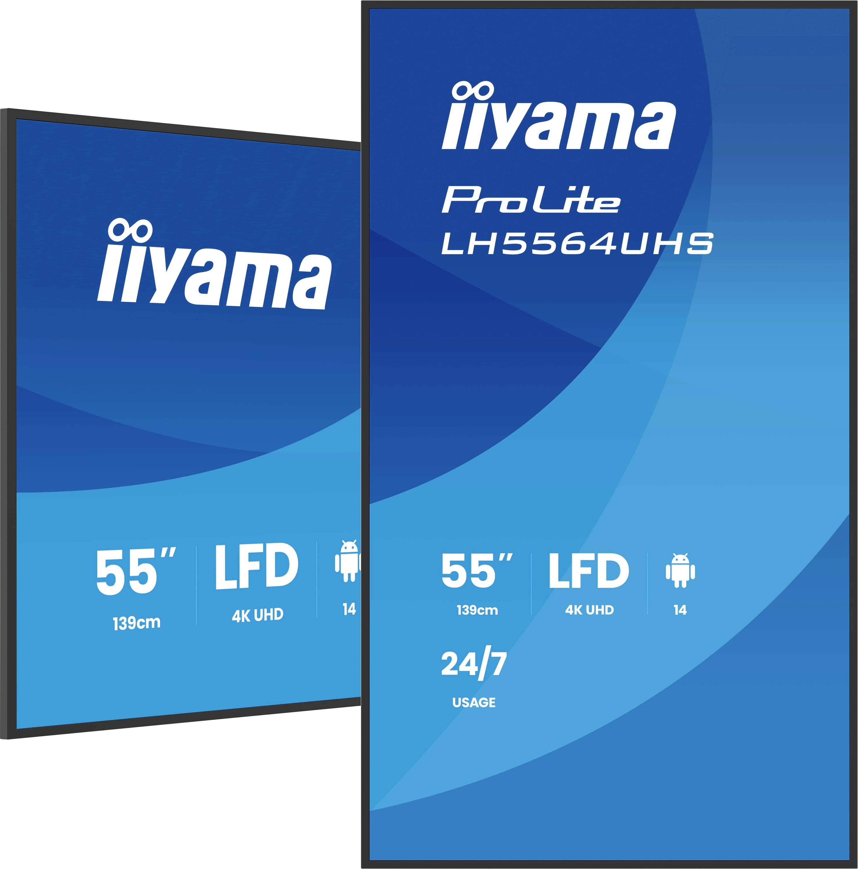Dva přední pohled na iiyama 55palcové 4K UHD digitální signage displeje označené ProLite LH5564UHS s 24/7 provozem a ikonou Android.